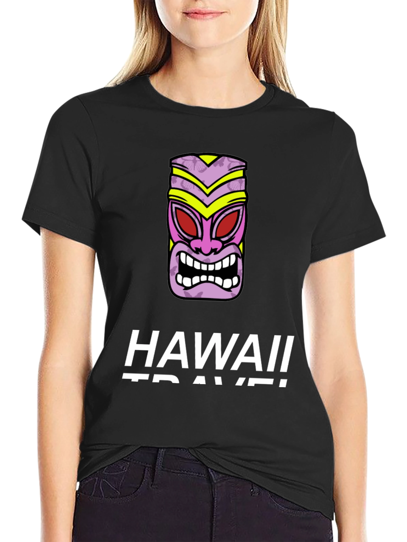 Hawaii Travel Black T-Shirt with Tiki Mask Graphic
