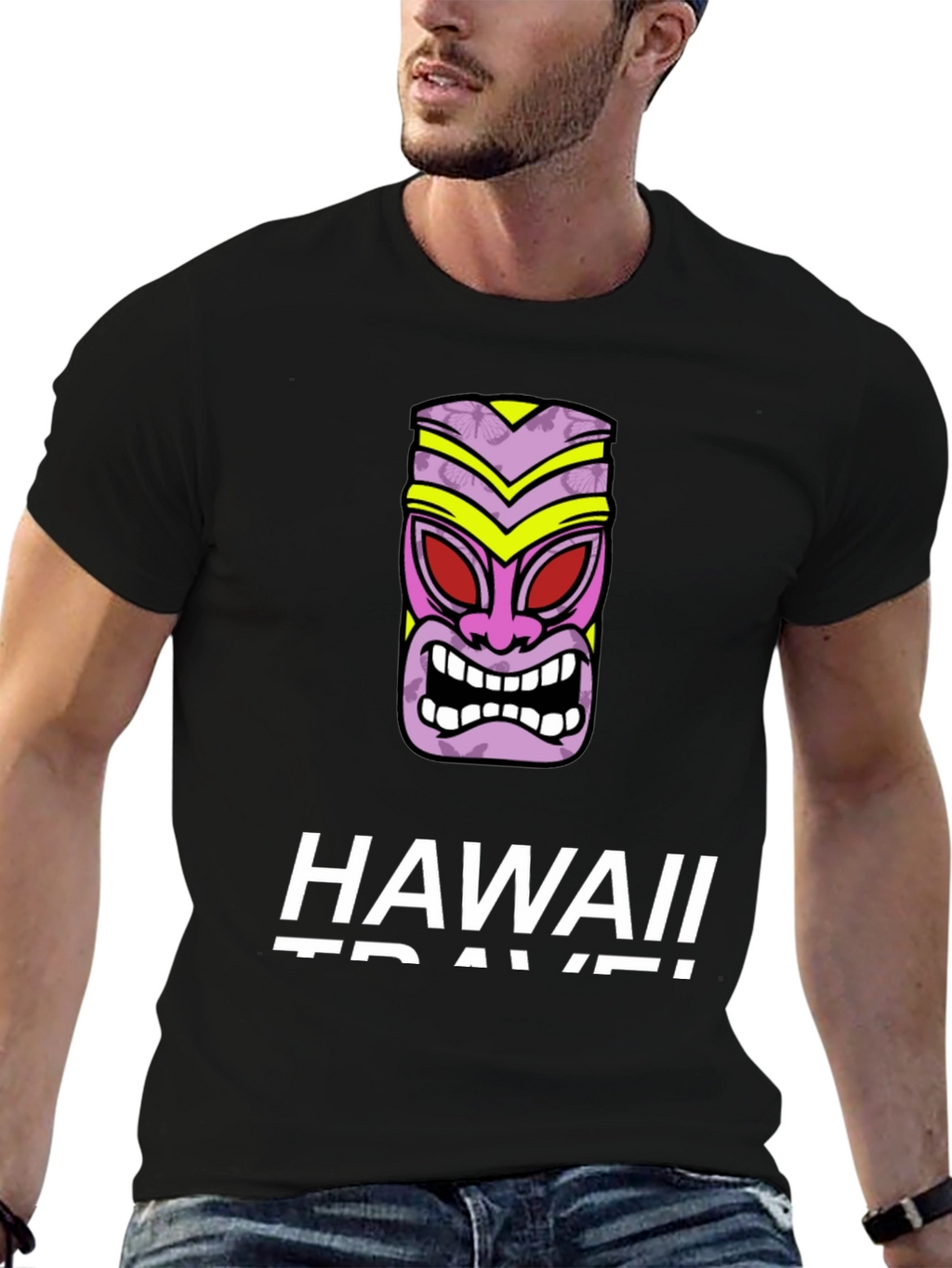 Hawaii Travel Black T-Shirt with Tiki Mask Graphic