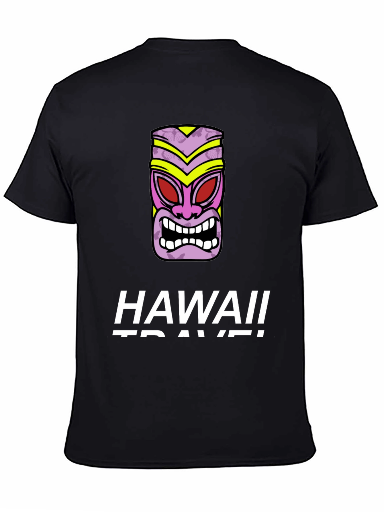 Hawaii Travel Black T-Shirt with Tiki Mask Graphic