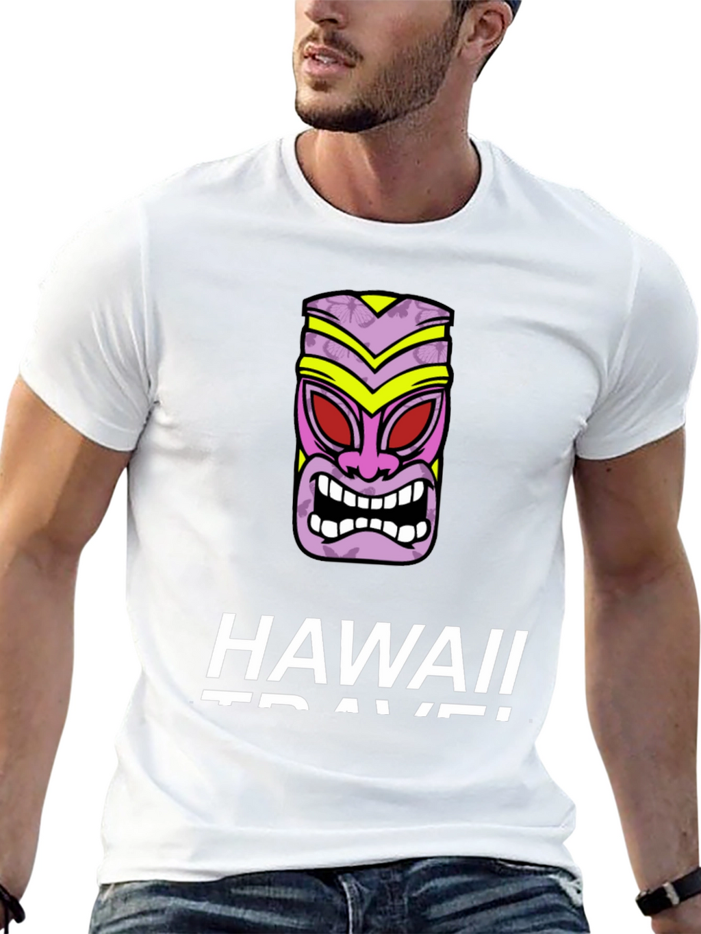 Hawaii Travel Black T-Shirt with Tiki Mask Graphic