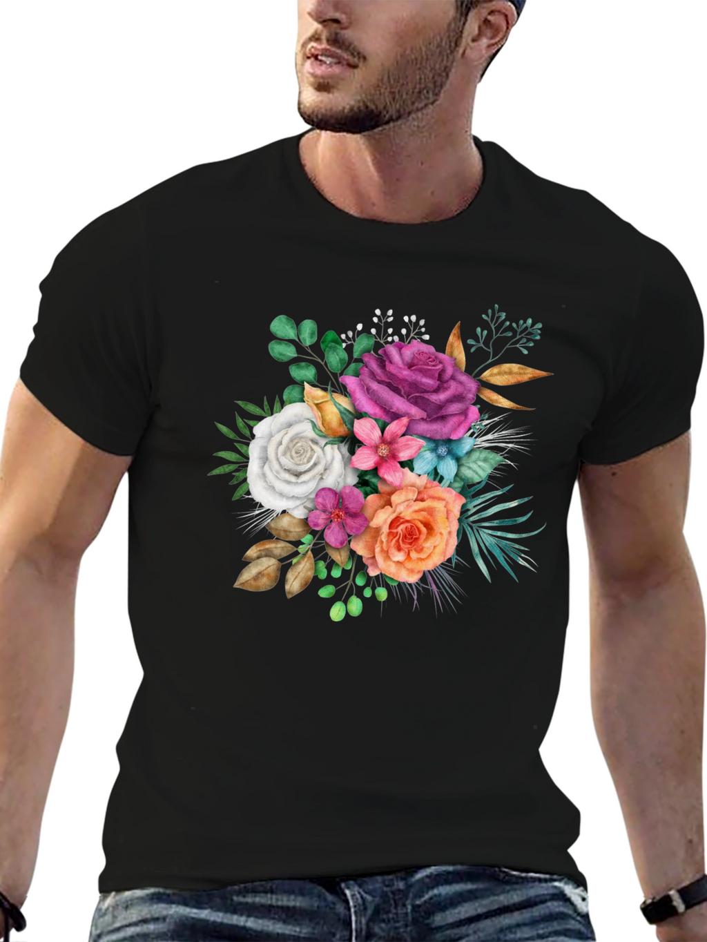 Floral Bouquet Graphic Black T-Shirt