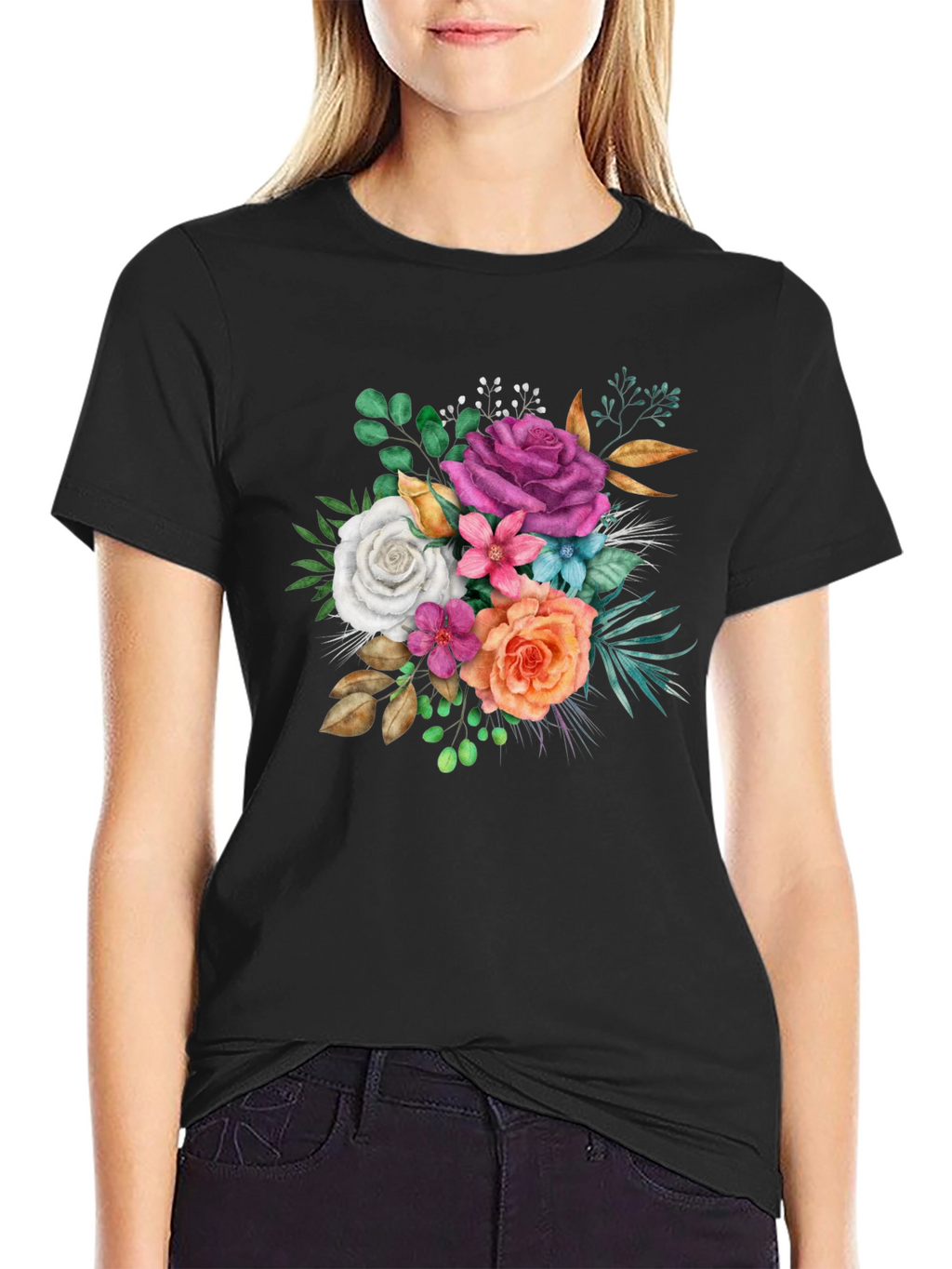 Floral Bouquet Graphic Black T-Shirt