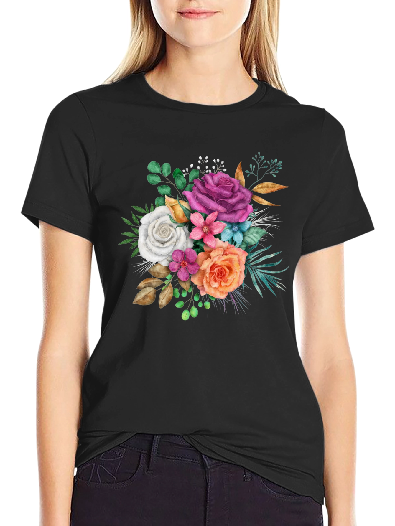 Floral Bouquet Graphic Black T-Shirt
