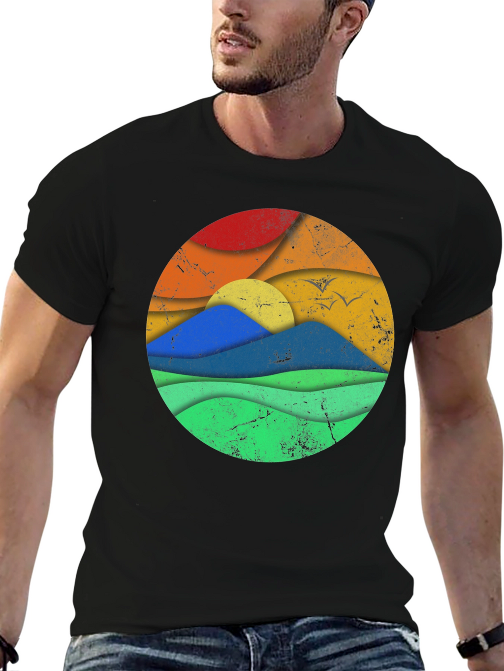 Retro Landscape Graphic Tee - Black Cotton Blend