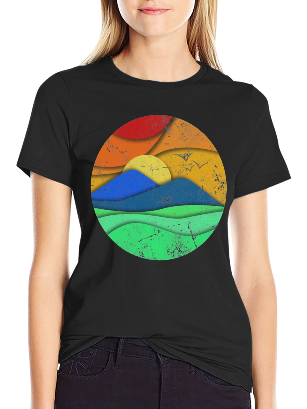 Retro Landscape Graphic Tee - Black Cotton Blend