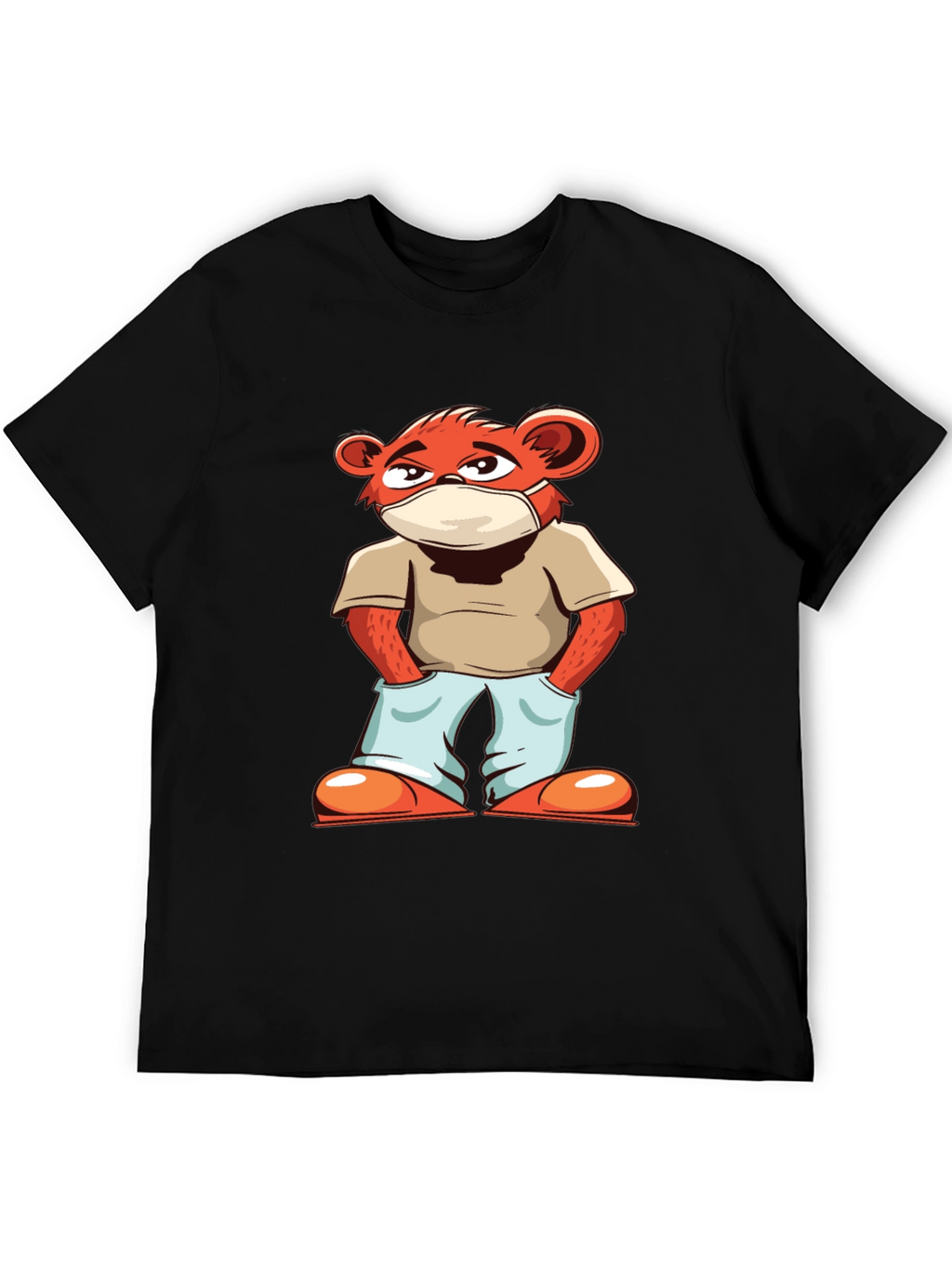 Cool Cartoon Bear with Mask Black T-Shirt