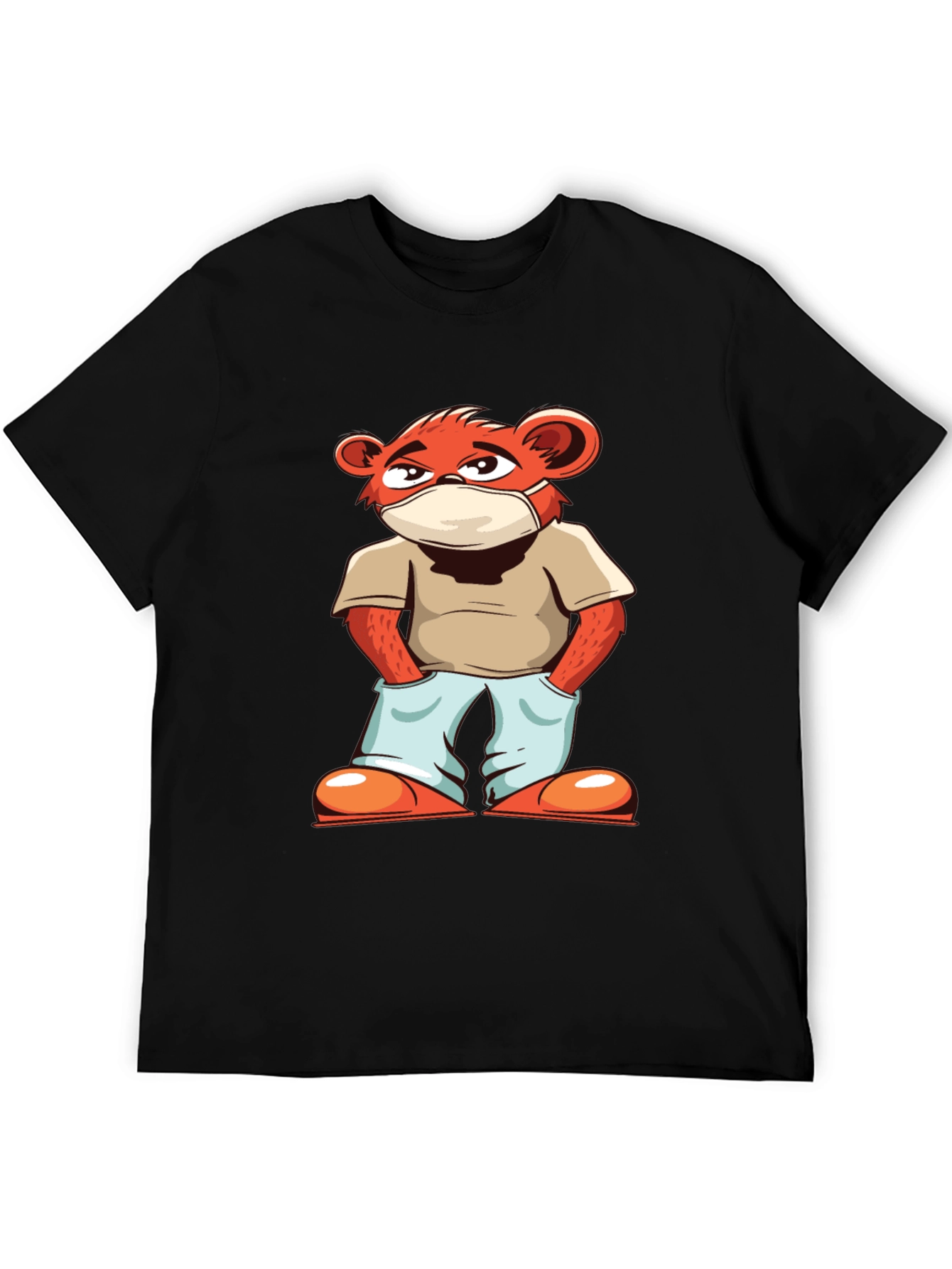 Cool Cartoon Bear with Mask Black T-Shirt