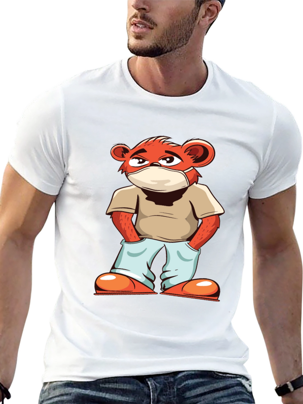 Cool Cartoon Bear with Mask Black T-Shirt