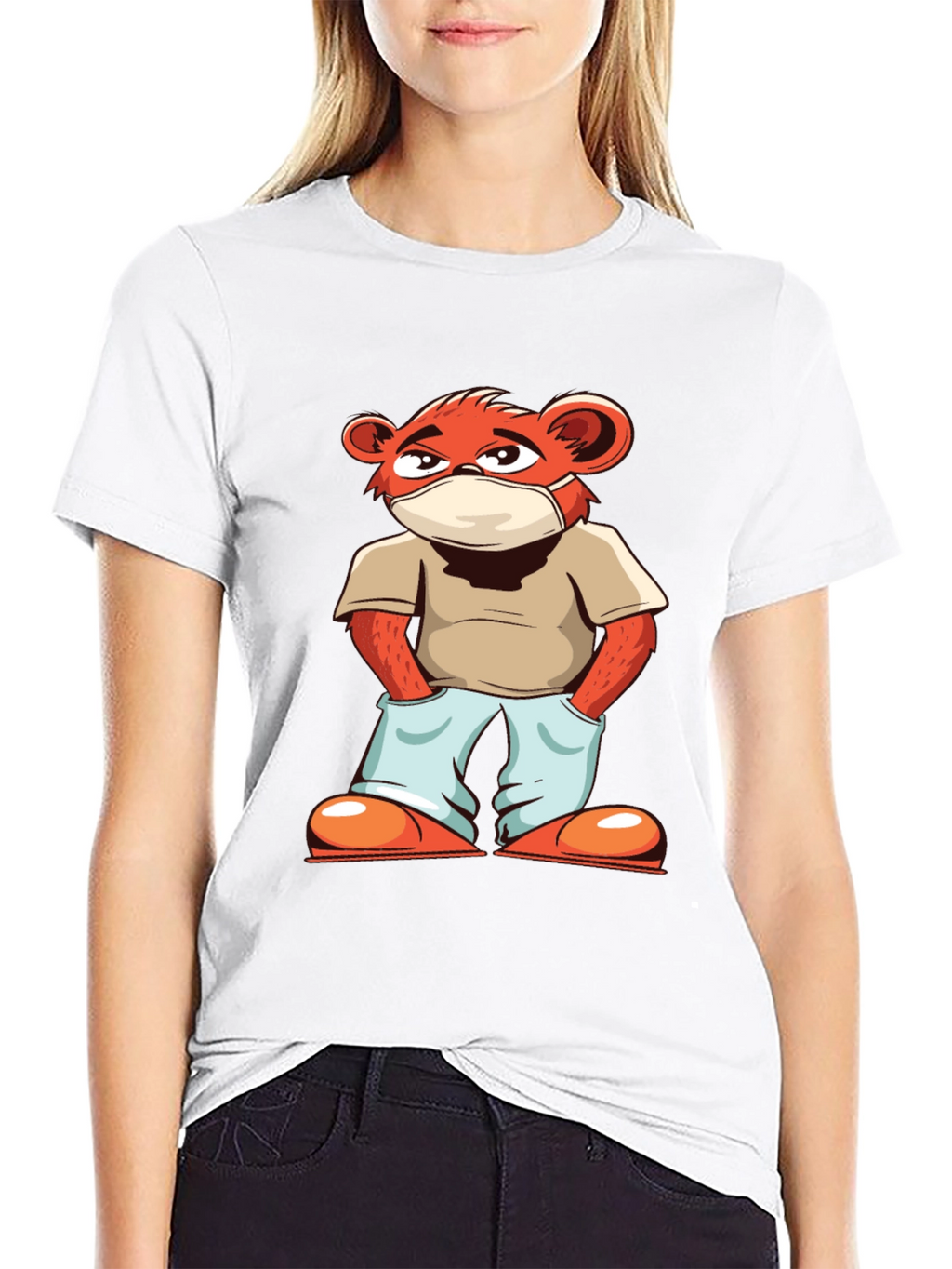 Cool Cartoon Bear with Mask Black T-Shirt