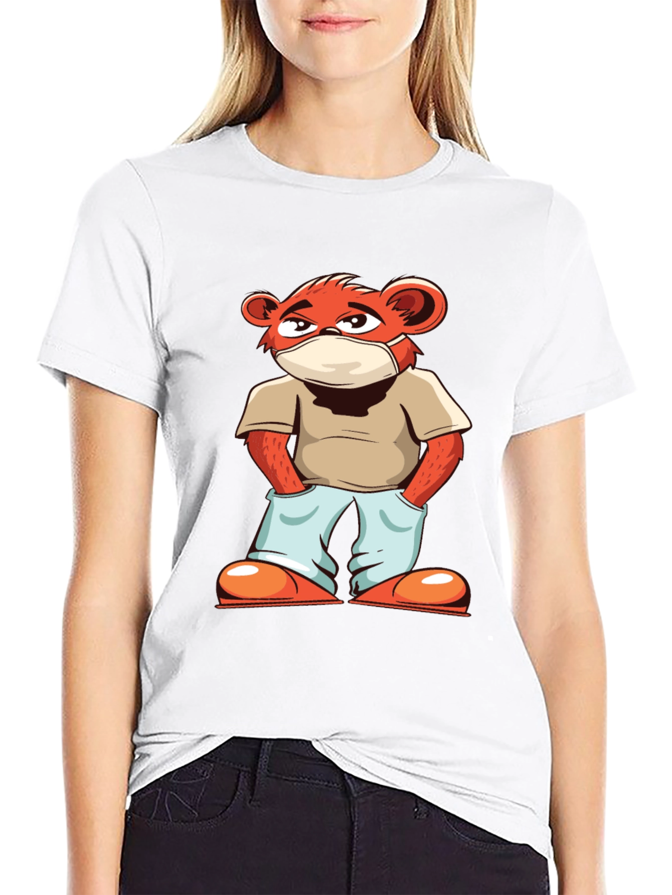 Cool Cartoon Bear with Mask Black T-Shirt
