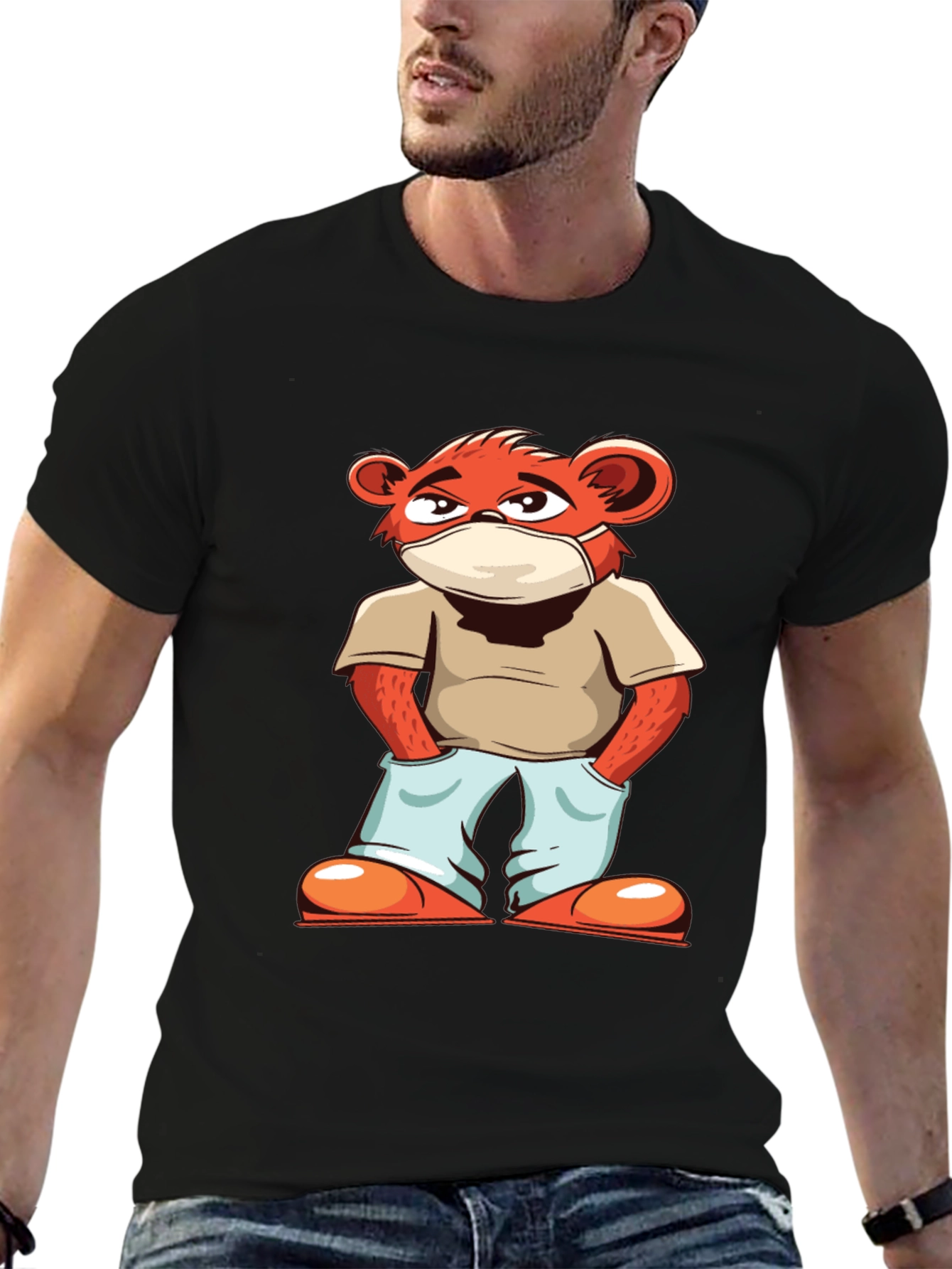 Cool Cartoon Bear with Mask Black T-Shirt