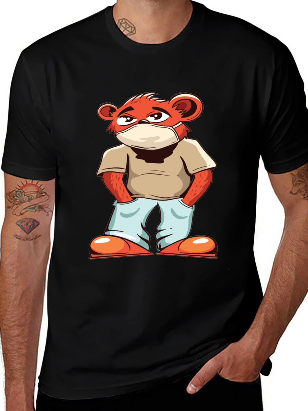 Cool Cartoon Bear with Mask Black T-Shirt