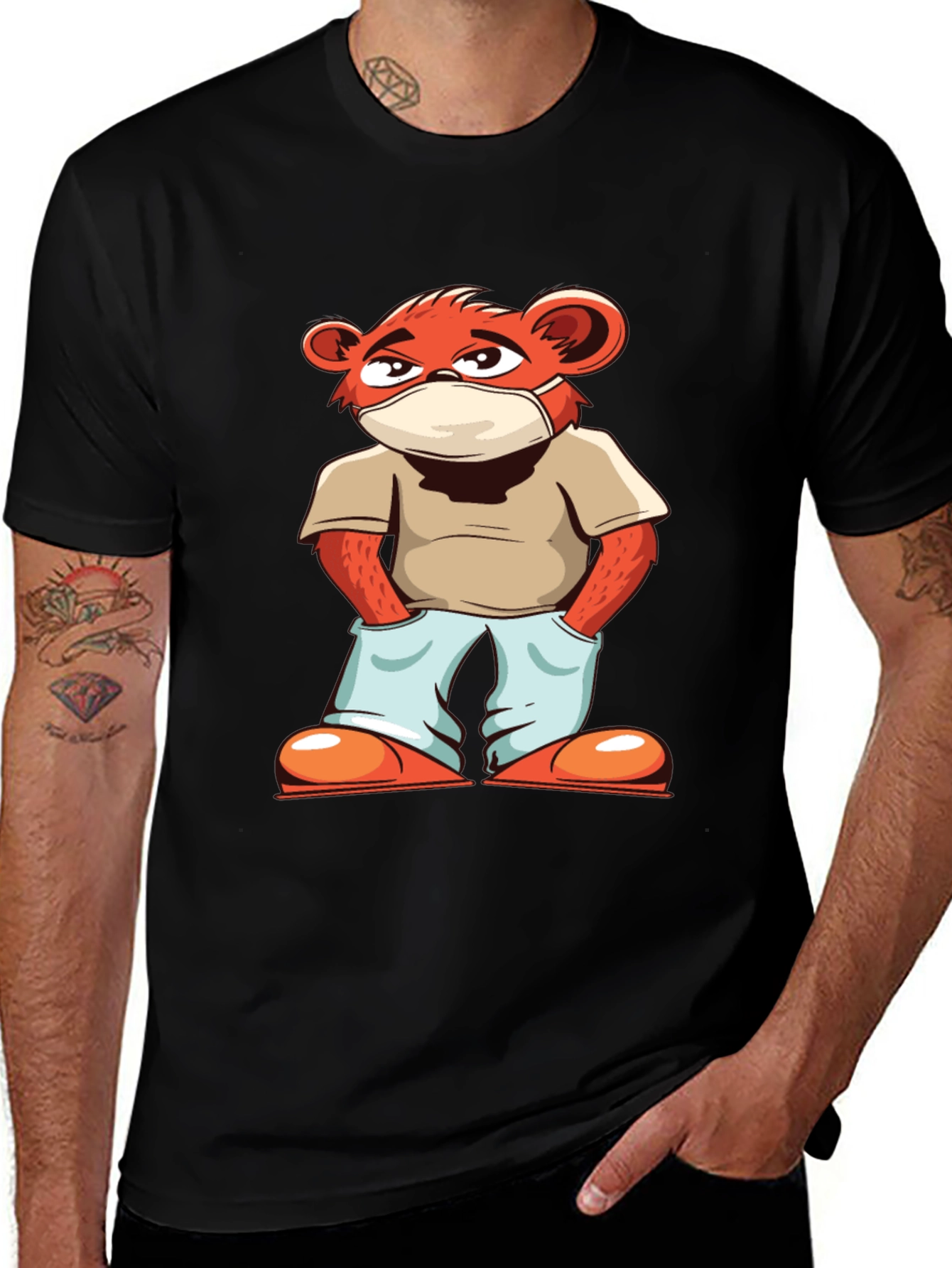 Cool Cartoon Bear with Mask Black T-Shirt