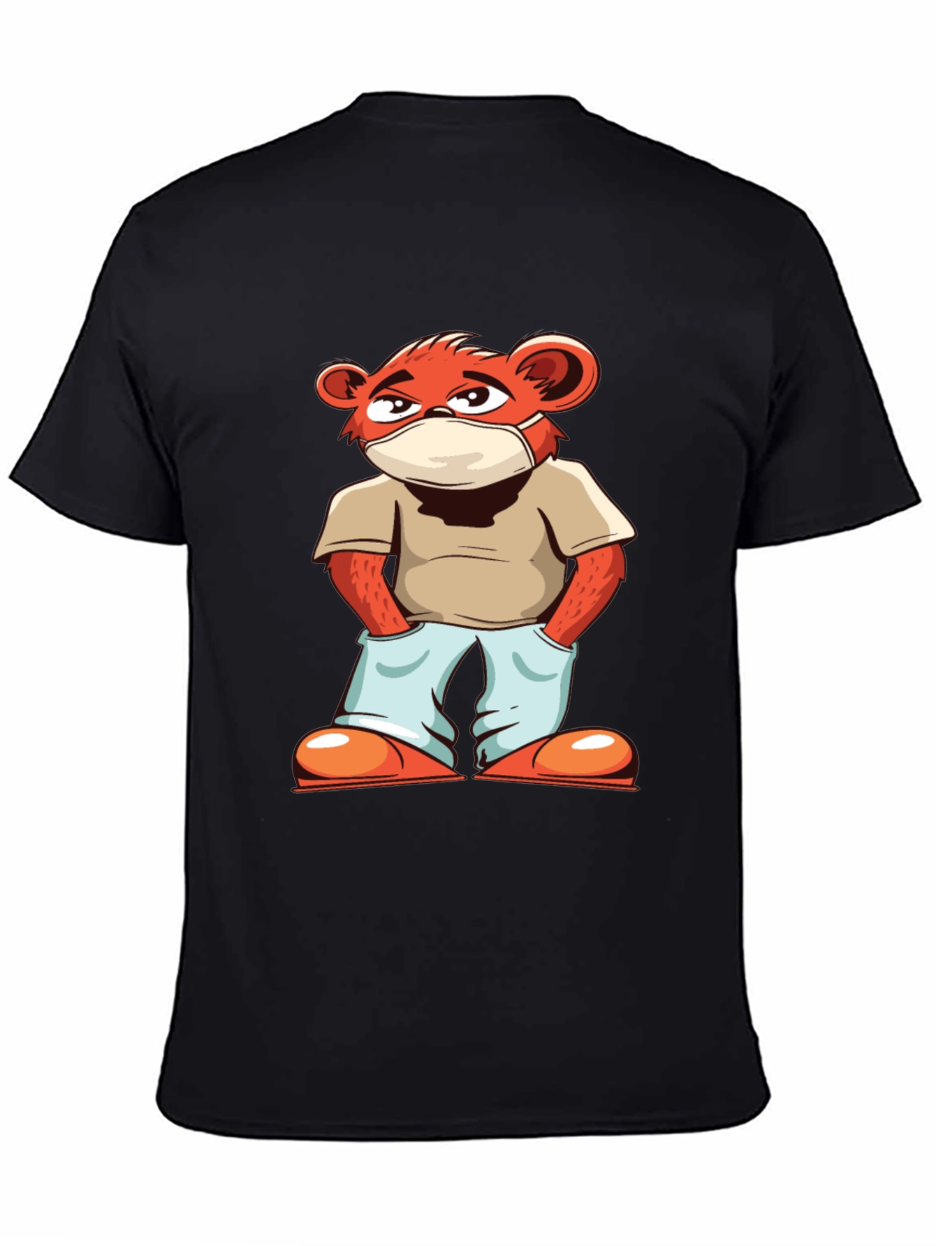 Cool Cartoon Bear with Mask Black T-Shirt