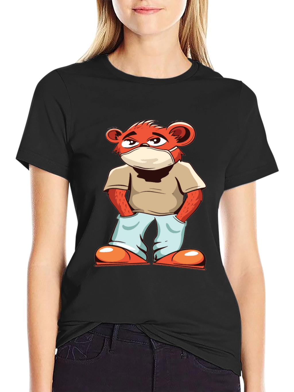 Cool Cartoon Bear with Mask Black T-Shirt