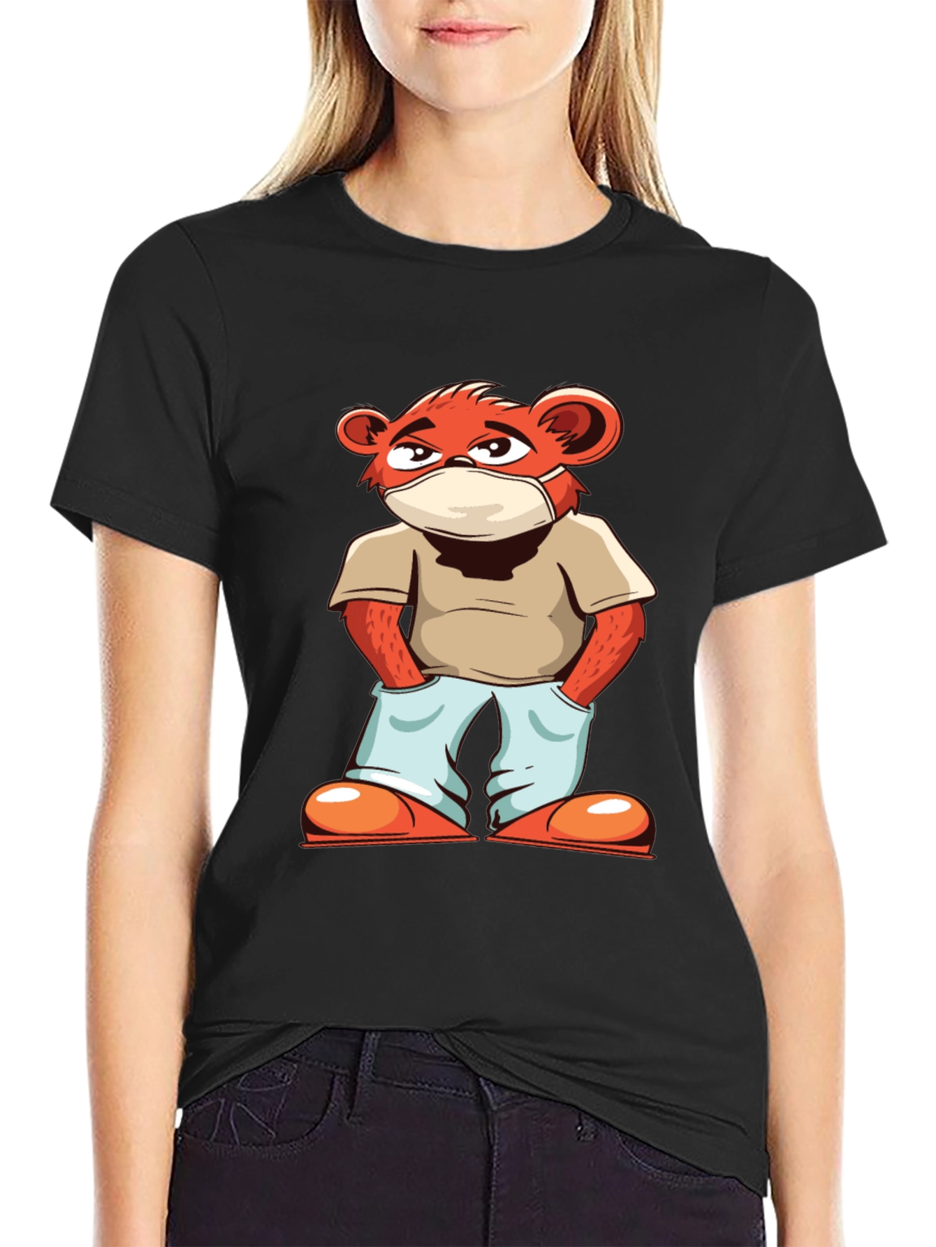 Cool Cartoon Bear with Mask Black T-Shirt