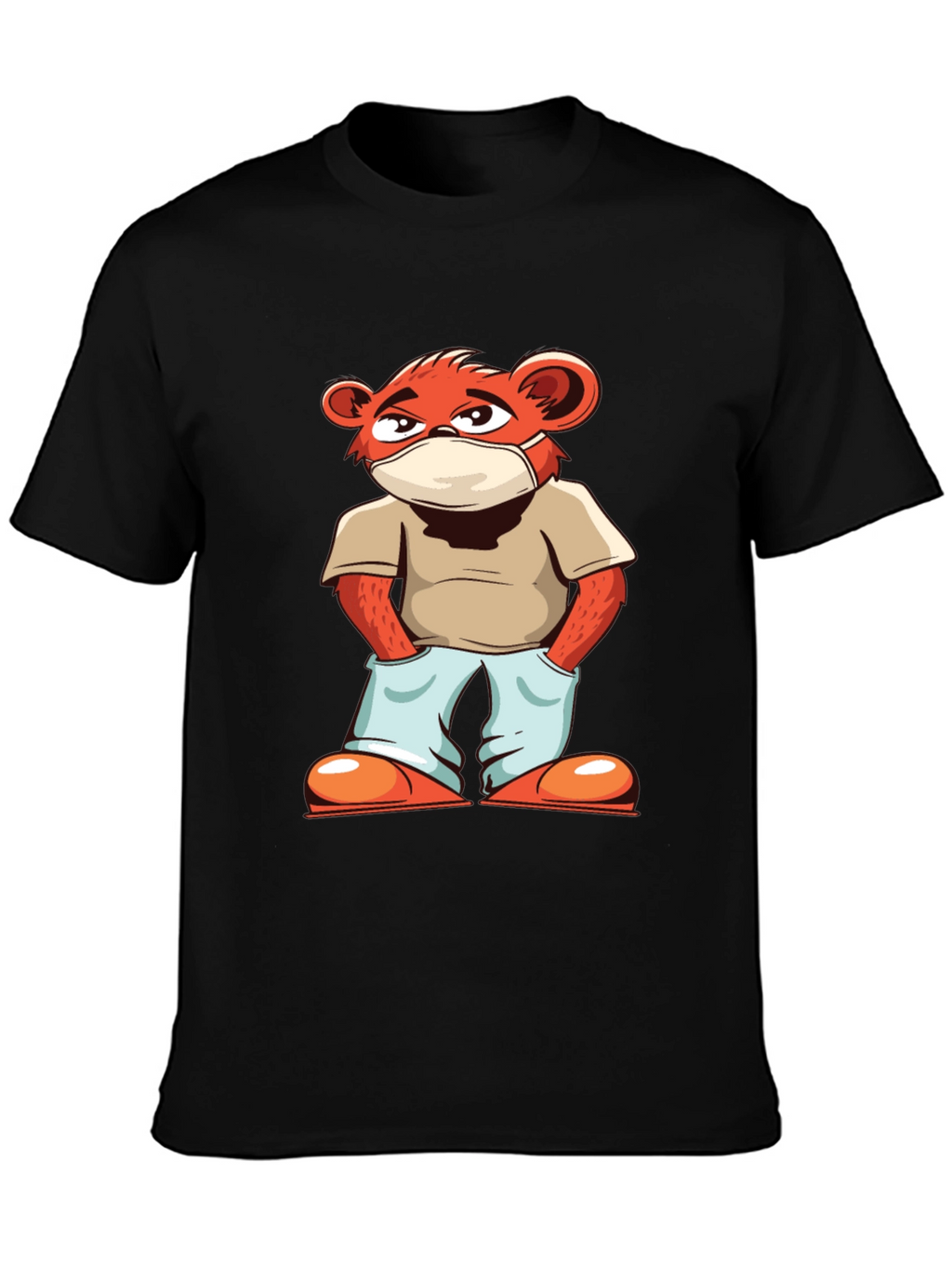 Cool Cartoon Bear with Mask Black T-Shirt