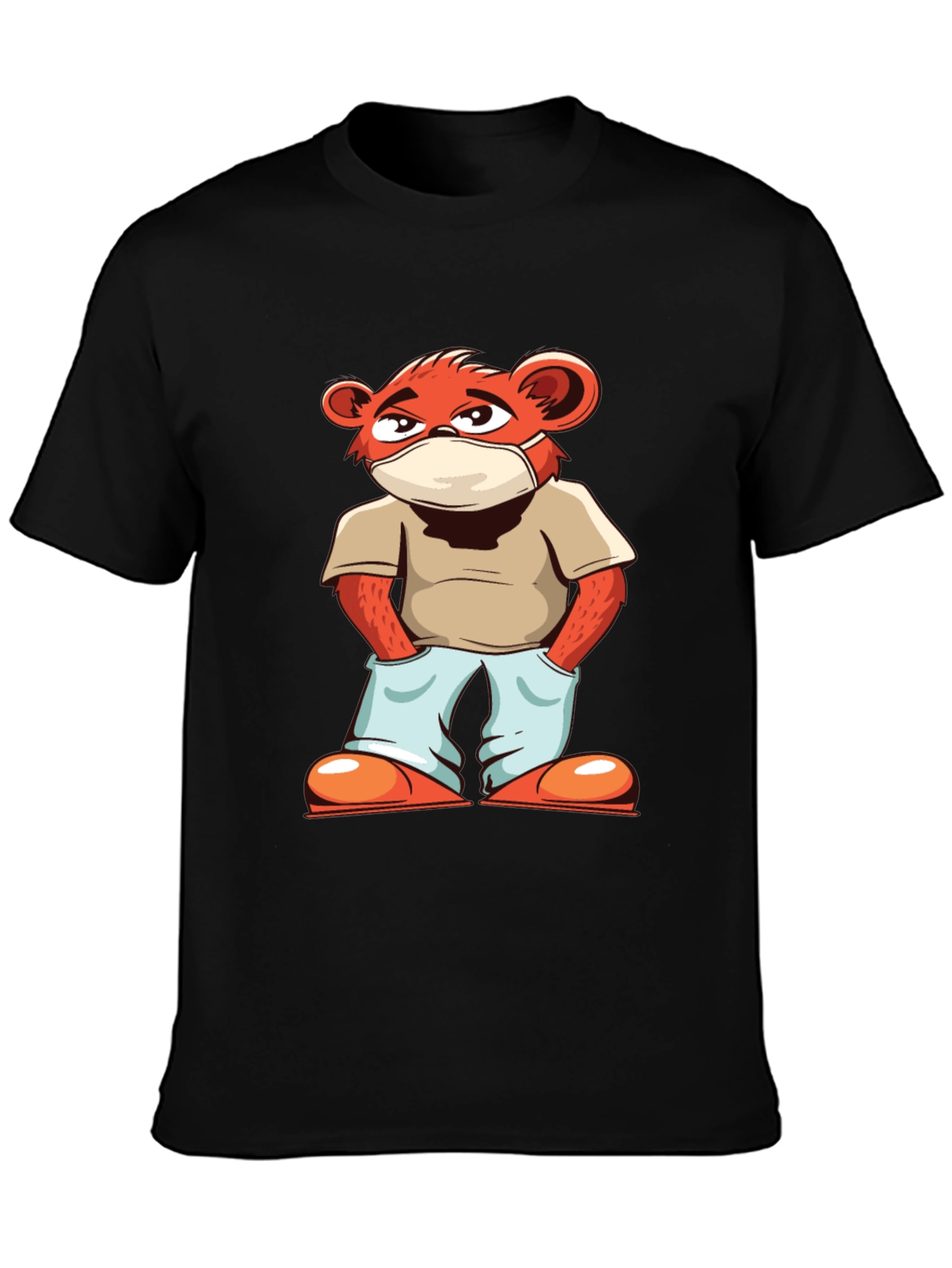 Cool Cartoon Bear with Mask Black T-Shirt