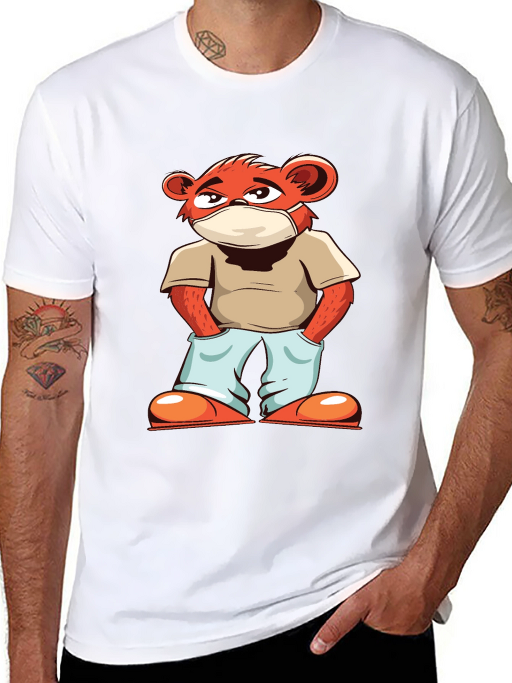 Cool Cartoon Bear with Mask Black T-Shirt