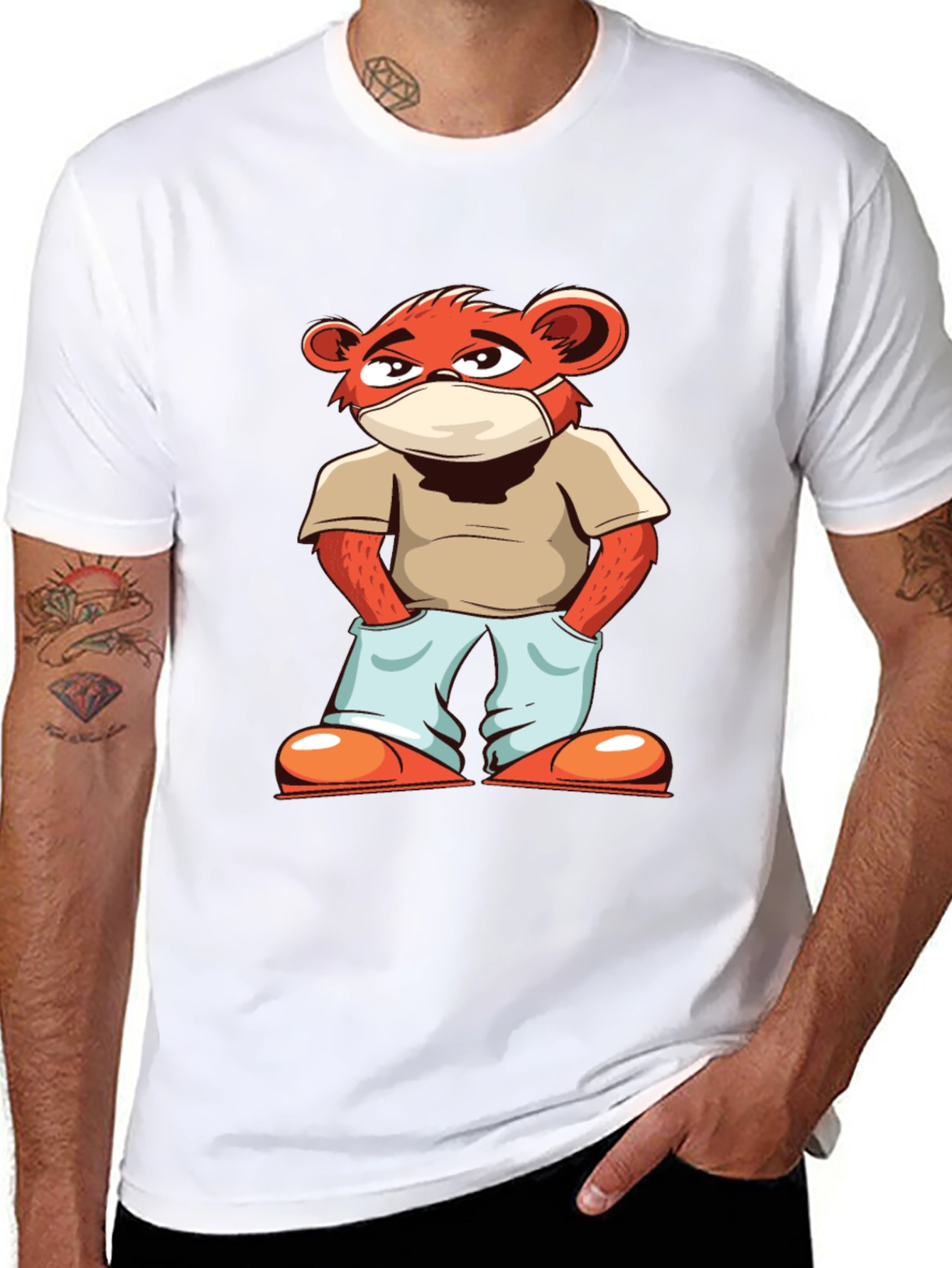 Cool Cartoon Bear with Mask Black T-Shirt