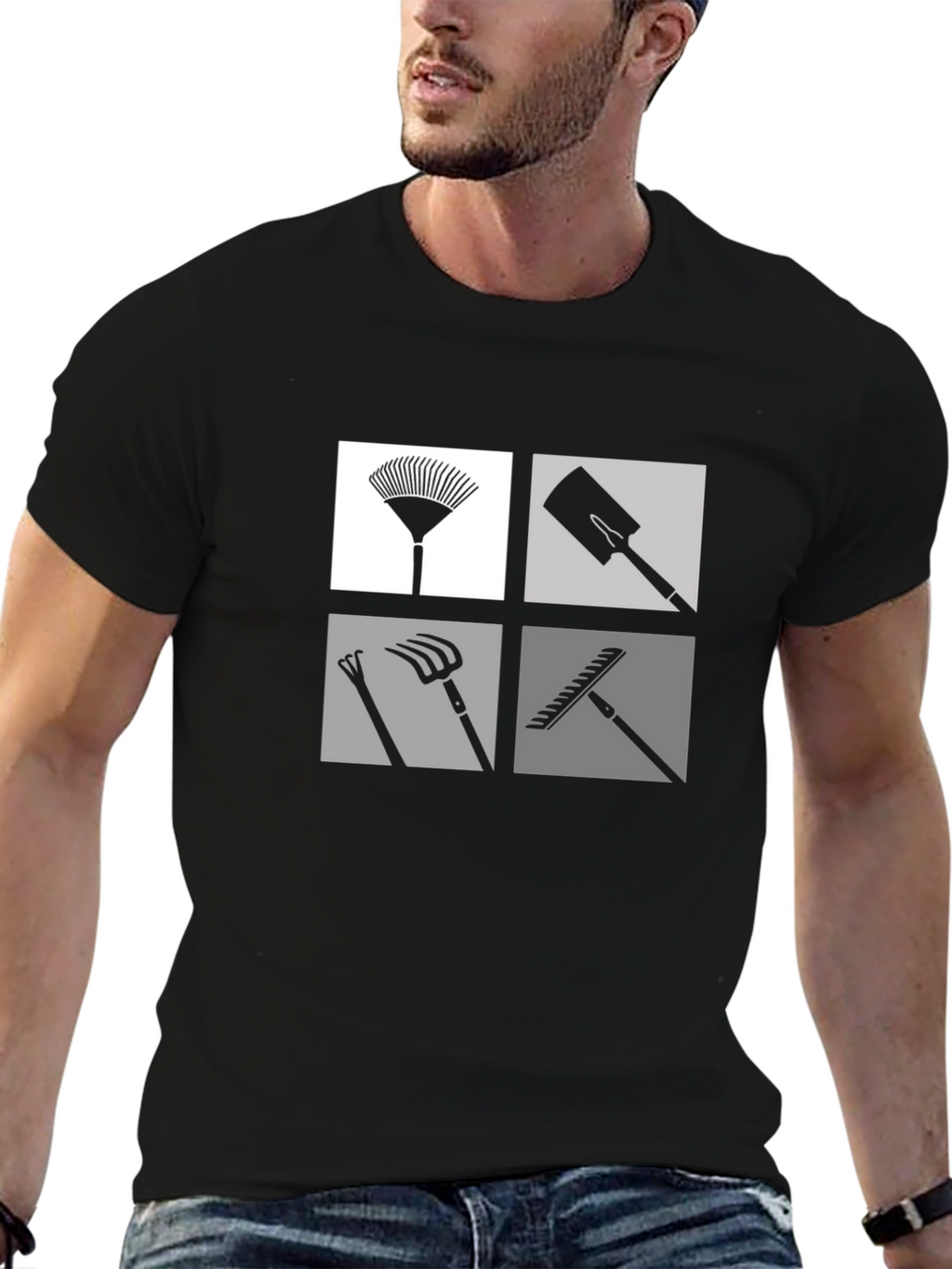 Gardening Tools Graphic Tee - Black Cotton Casual Shirt