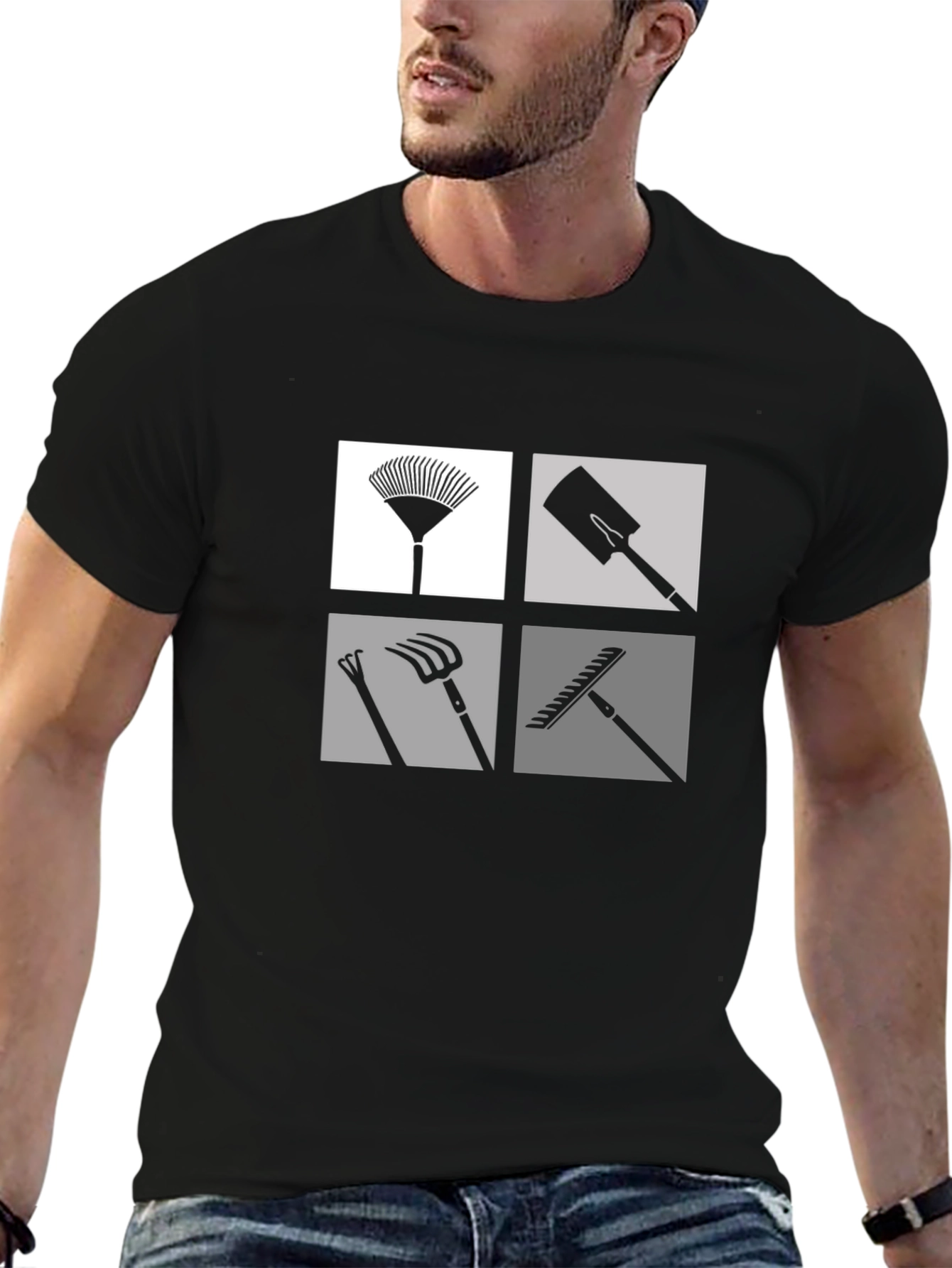 Gardening Tools Graphic Tee - Black Cotton Casual Shirt