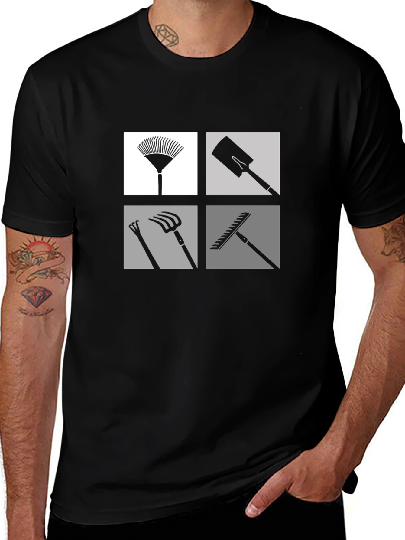 Gardening Tools Graphic Tee - Black Cotton Casual Shirt