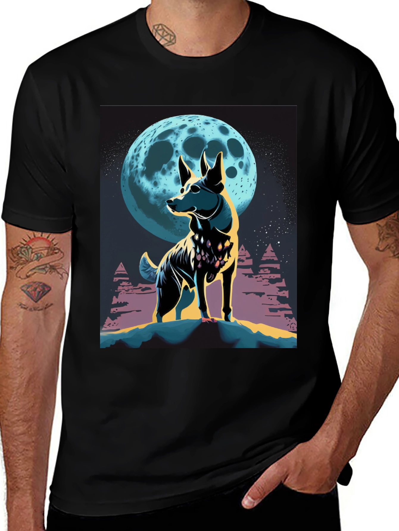 Dog Moon Graphic Tee - Stylish Mens Black T-Shirt