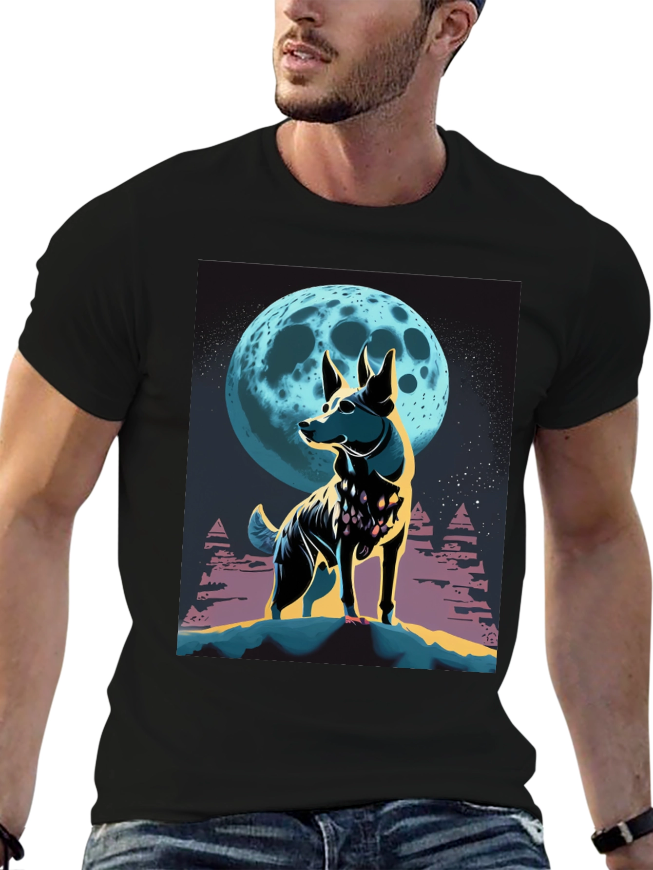 Dog Moon Graphic Tee - Stylish Mens Black T-Shirt
