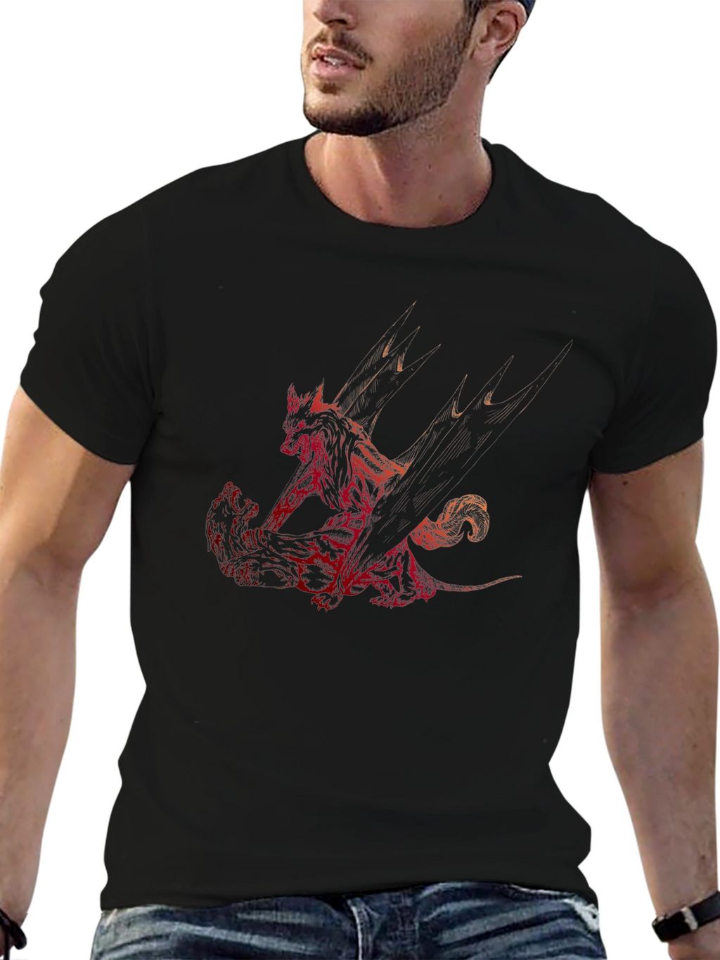 Red Dragon Print Black T-Shirt