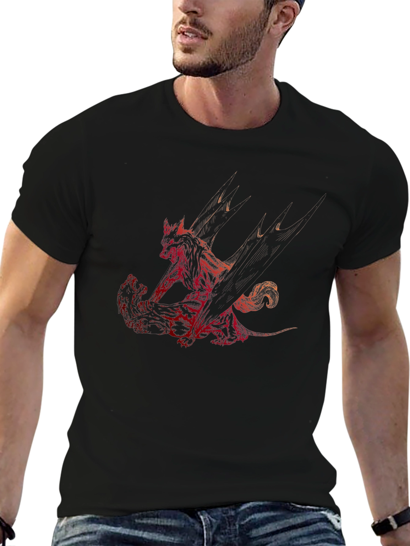 Red Dragon Print Black T-Shirt