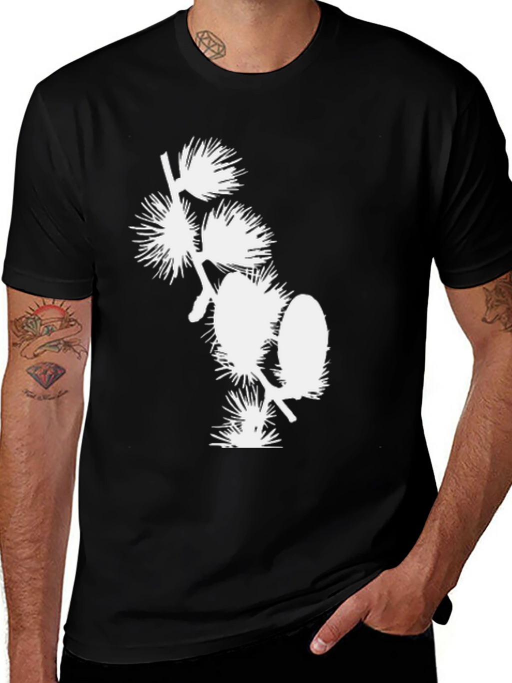 Black T-Shirt with White Floral Design