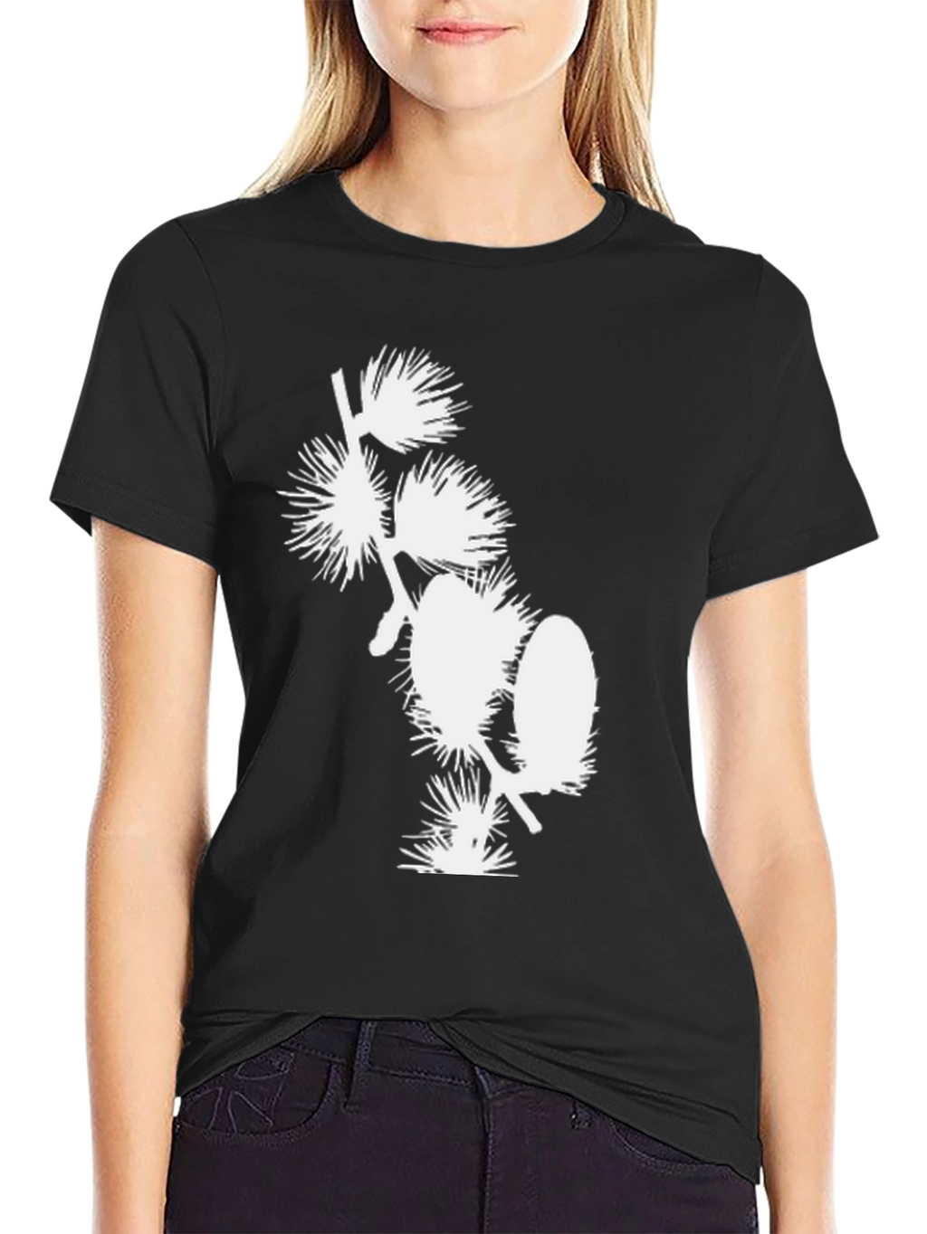 Black T-Shirt with White Floral Design