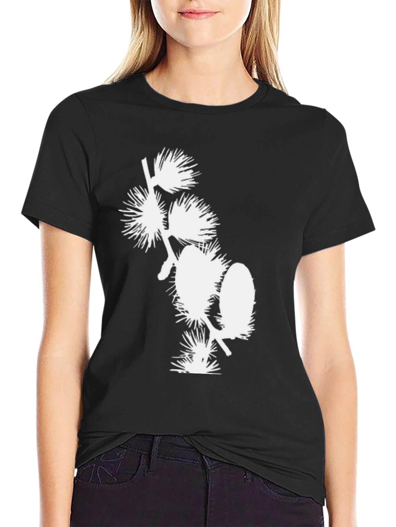 Black T-Shirt with White Floral Design
