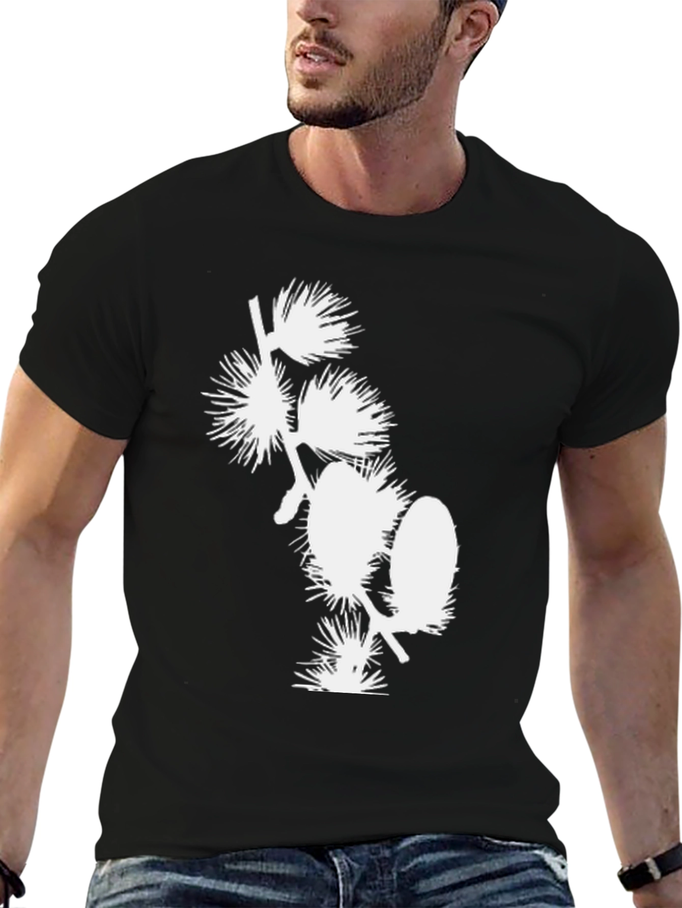 Black T-Shirt with White Floral Design