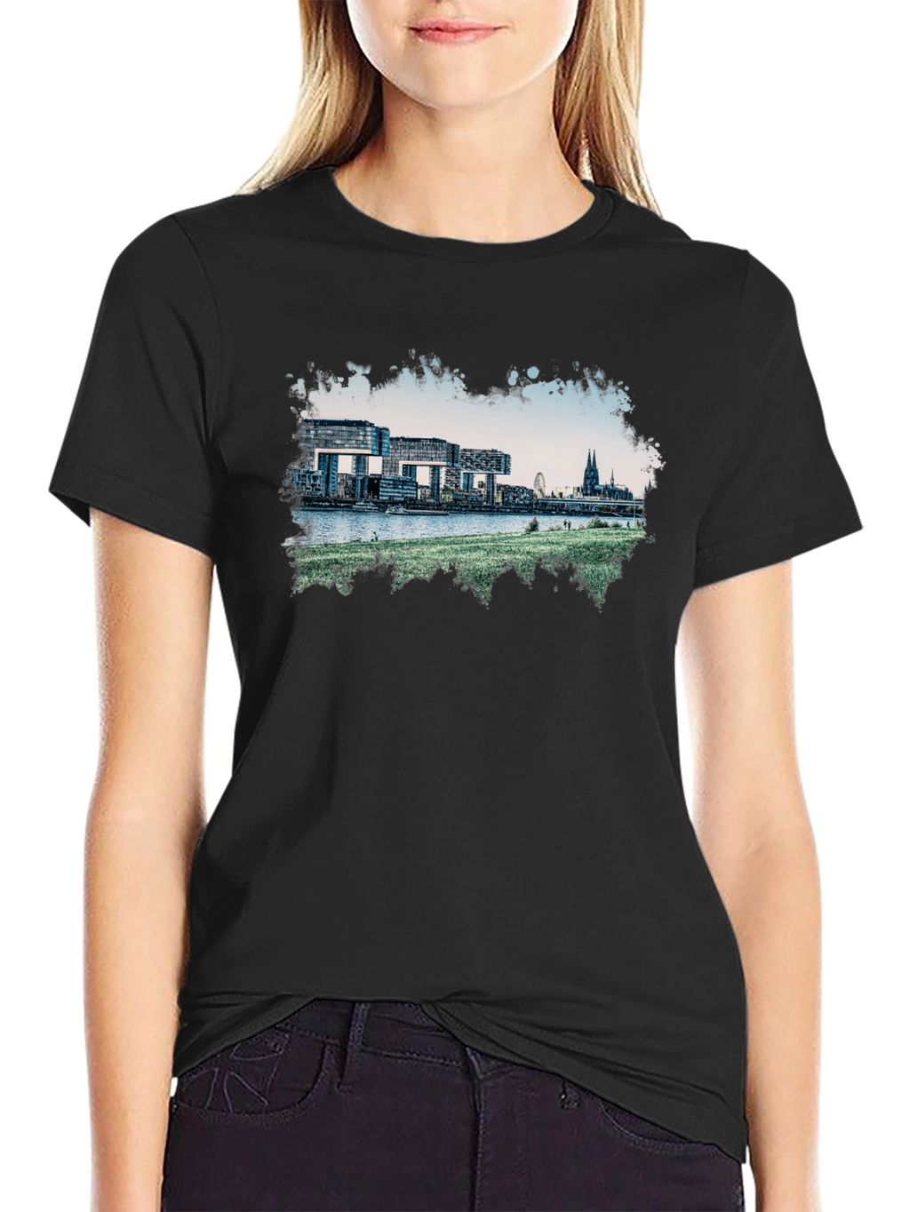 Cologne Germany Skyline Graphic Tee - Black Cotton Blend