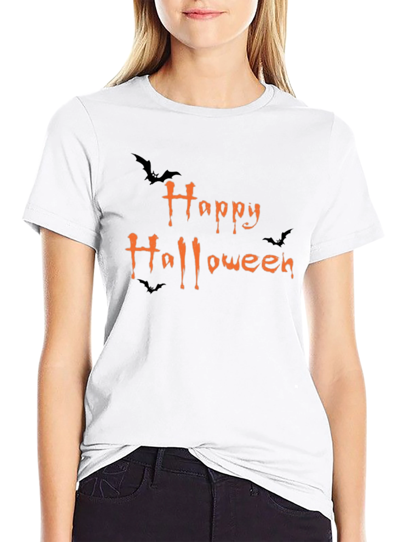 Happy Halloween T-Shirt Black Cotton Graphic Tee Bats