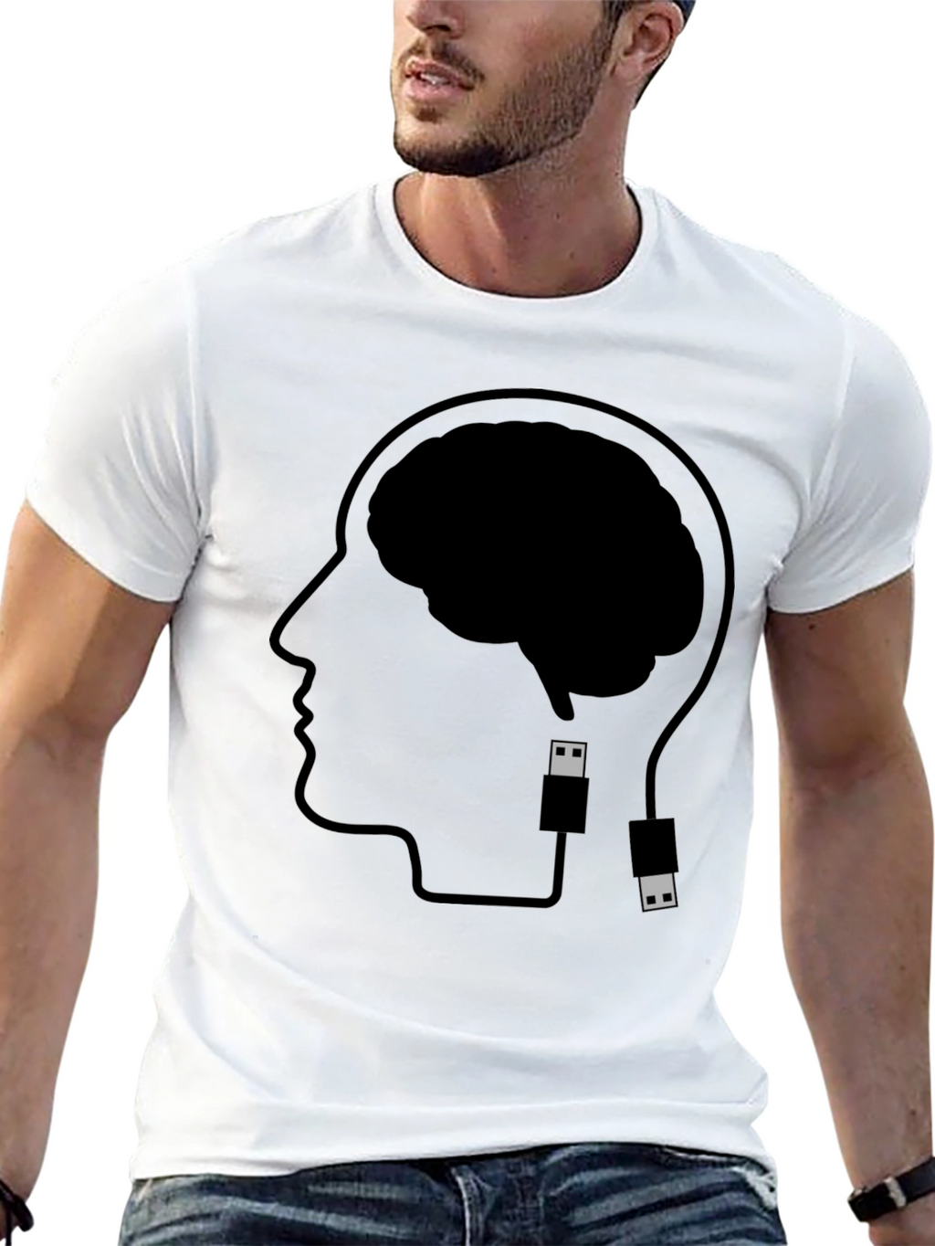 Brain Uploading T-Shirt - Black Cotton Graphic Tee