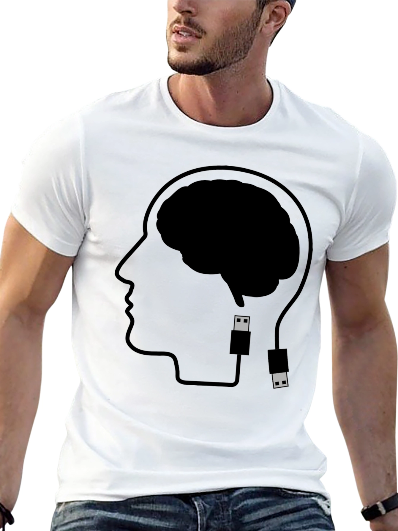 Brain Uploading T-Shirt - Black Cotton Graphic Tee