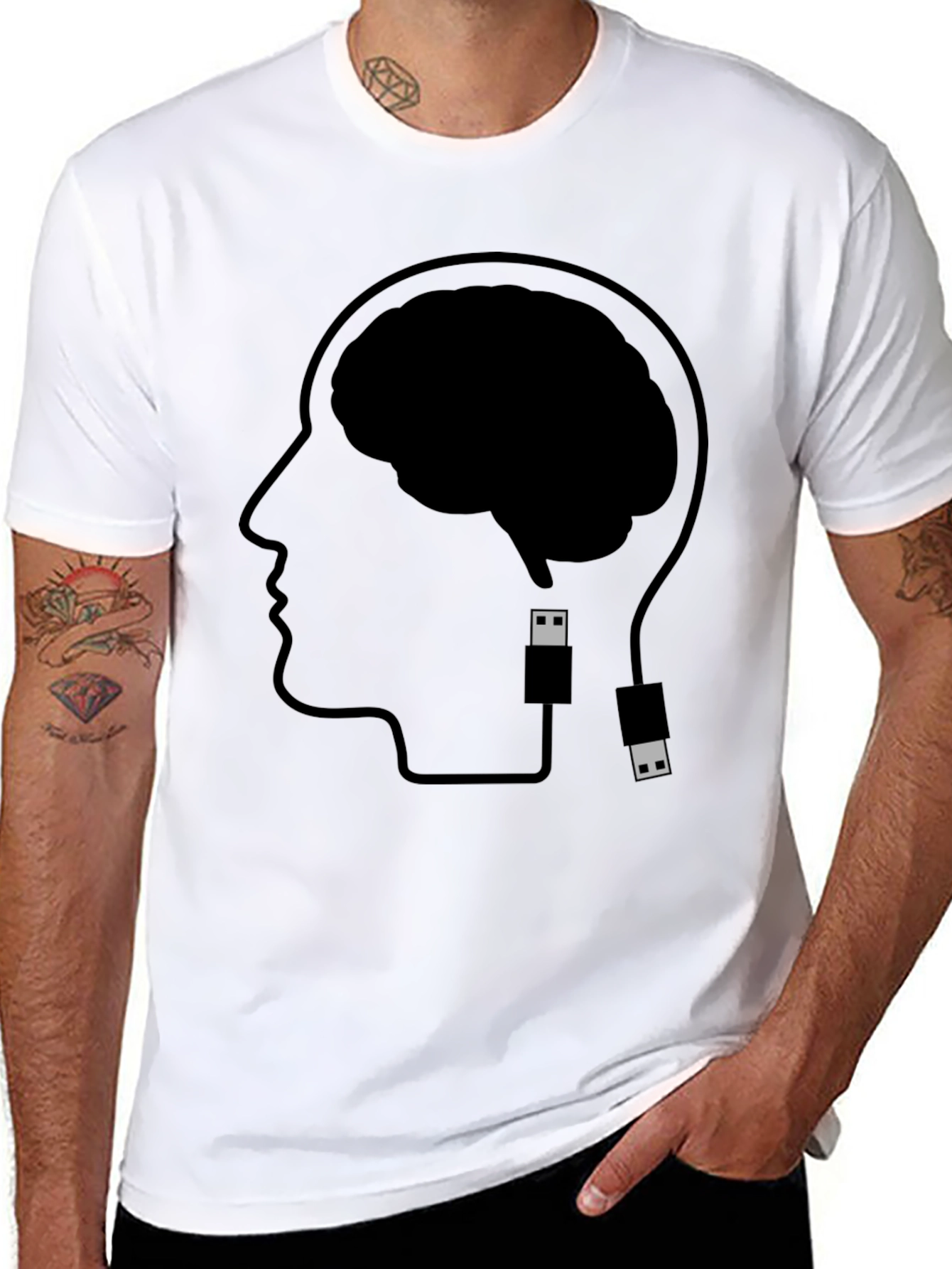 Brain Uploading T-Shirt - Black Cotton Graphic Tee