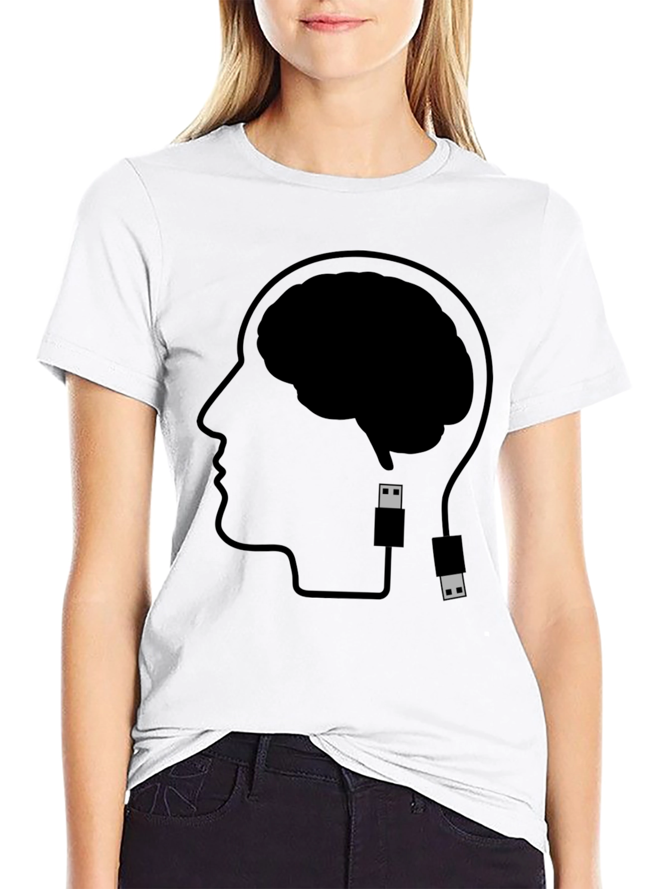Brain Uploading T-Shirt - Black Cotton Graphic Tee
