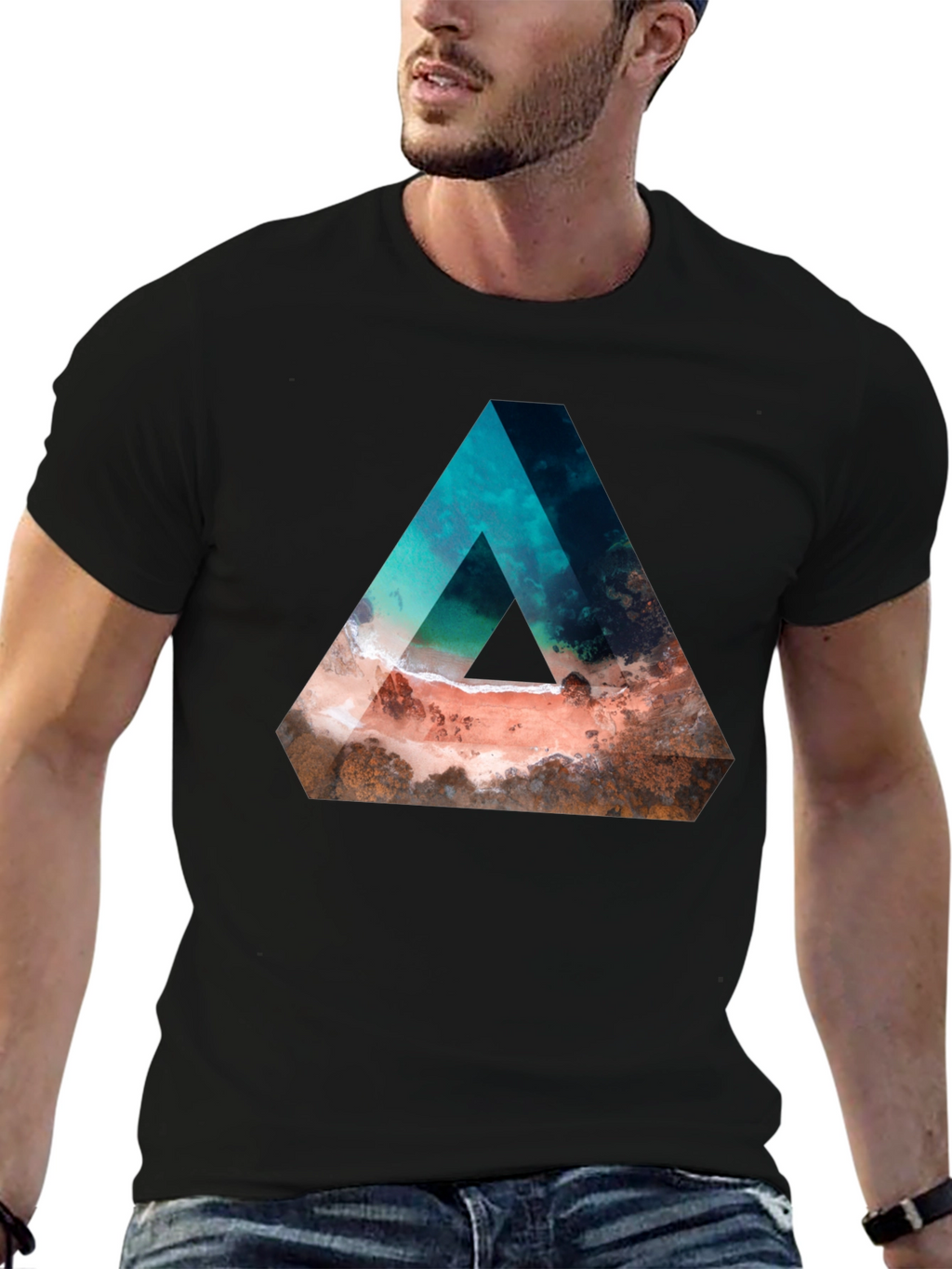 Abstract Triangle Beach Graphic Black T-Shirt