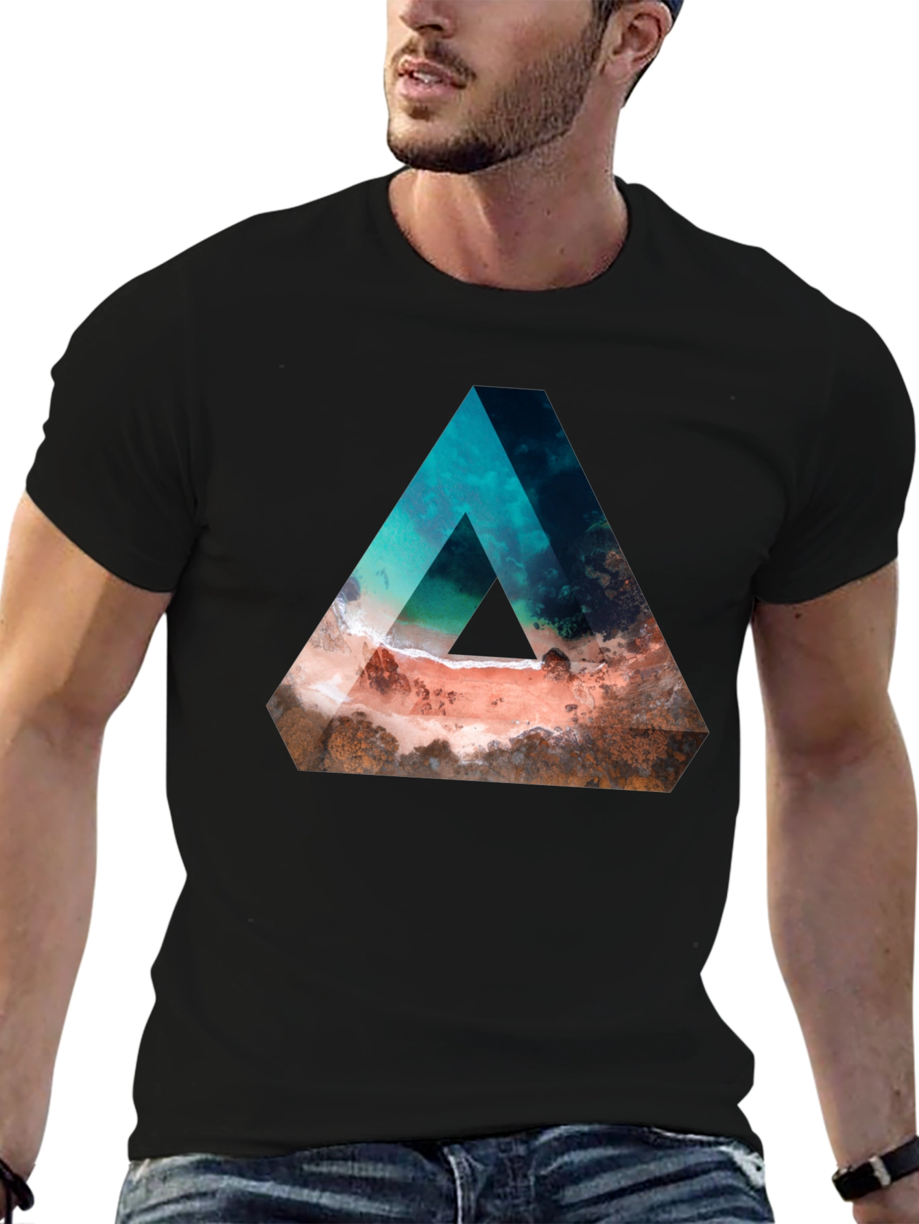 Abstract Triangle Beach Graphic Black T-Shirt