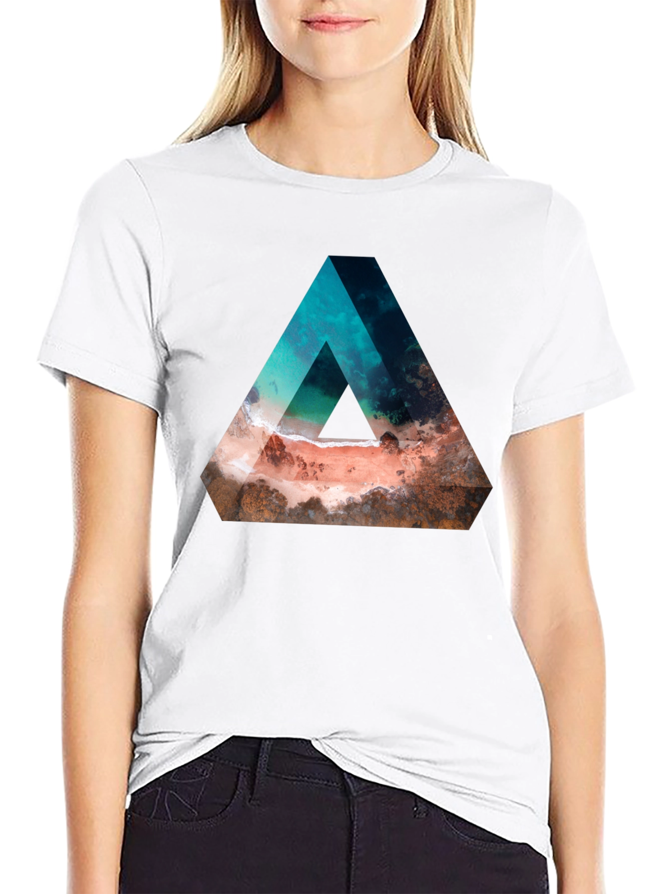 Abstract Triangle Beach Graphic Black T-Shirt