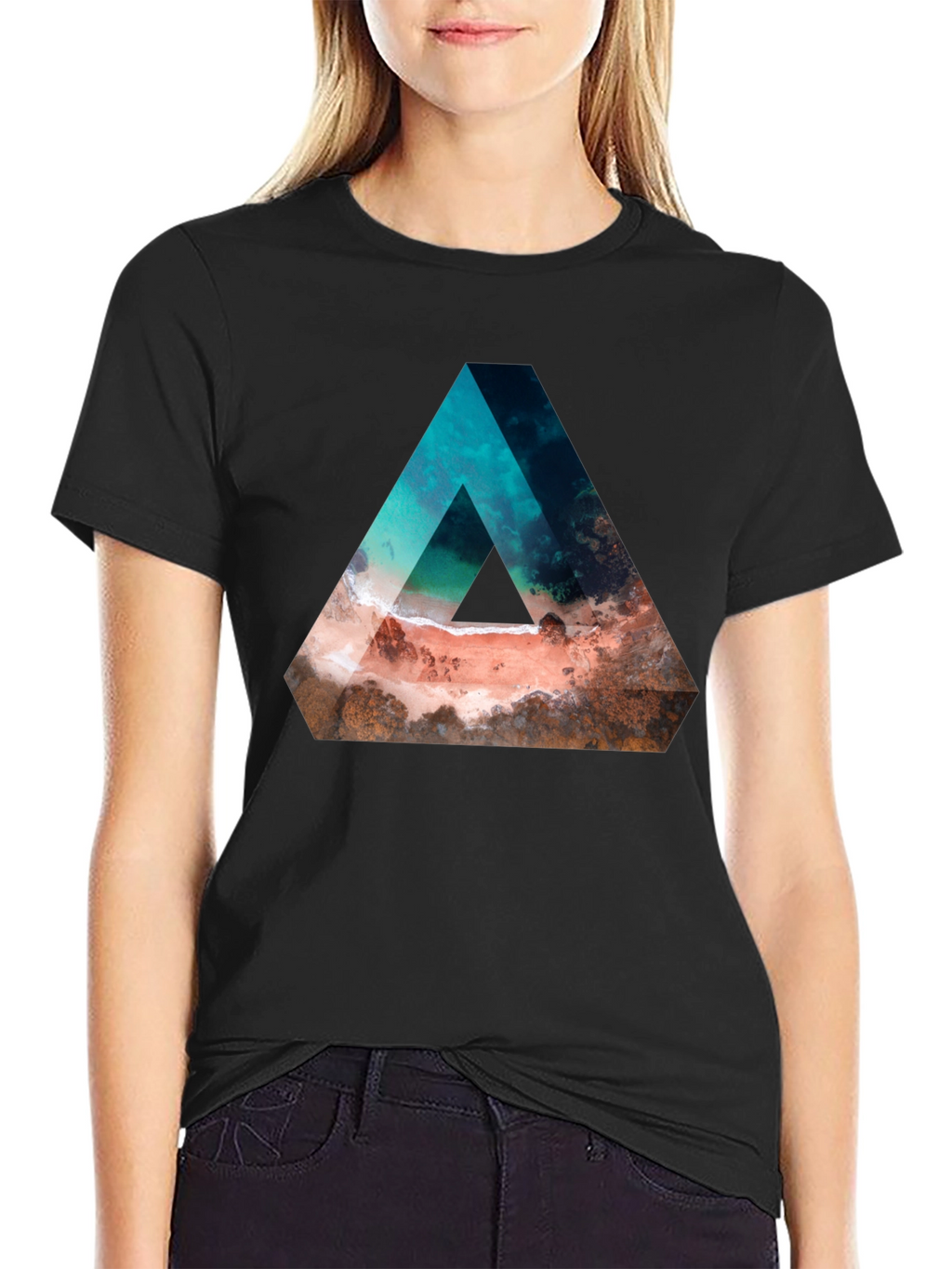 Abstract Triangle Beach Graphic Black T-Shirt