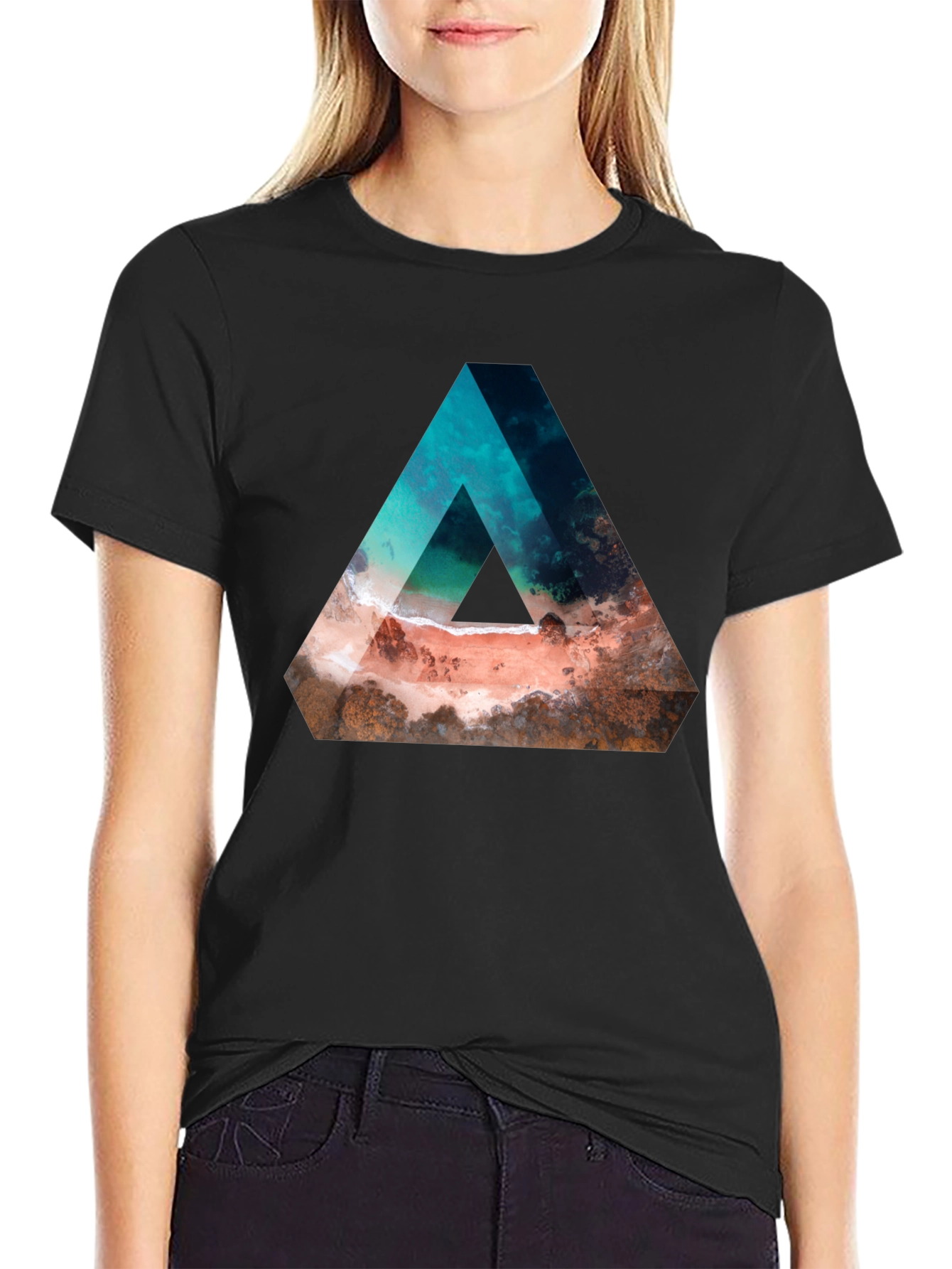 Abstract Triangle Beach Graphic Black T-Shirt