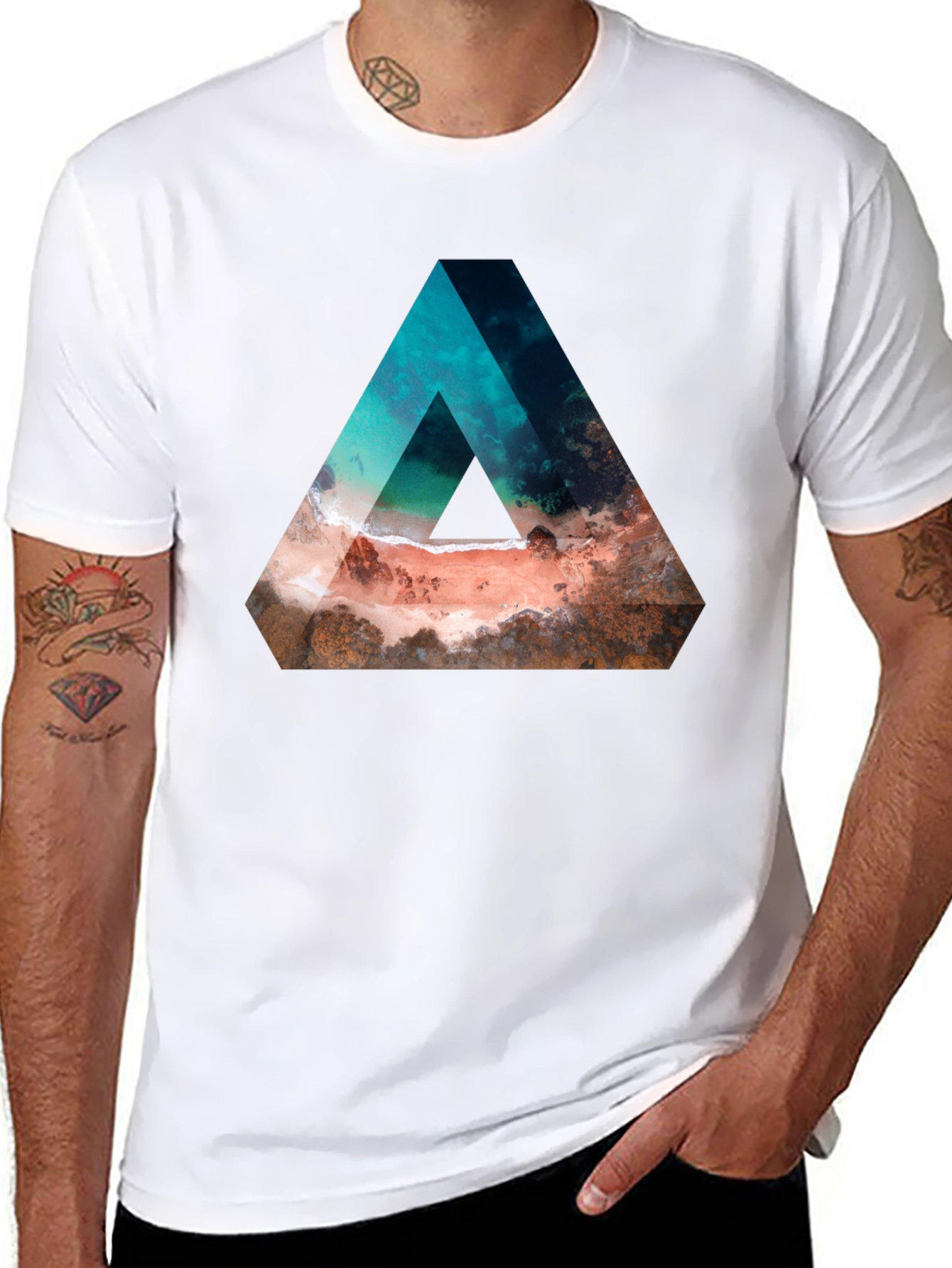 Abstract Triangle Beach Graphic Black T-Shirt
