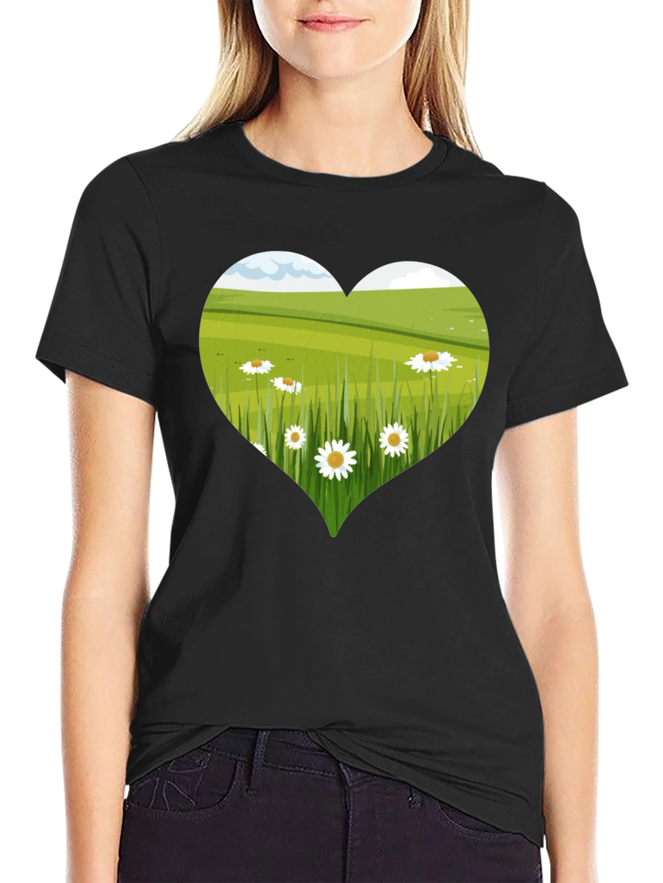 Heart Meadow Graphic Tee - Black Cotton T-Shirt