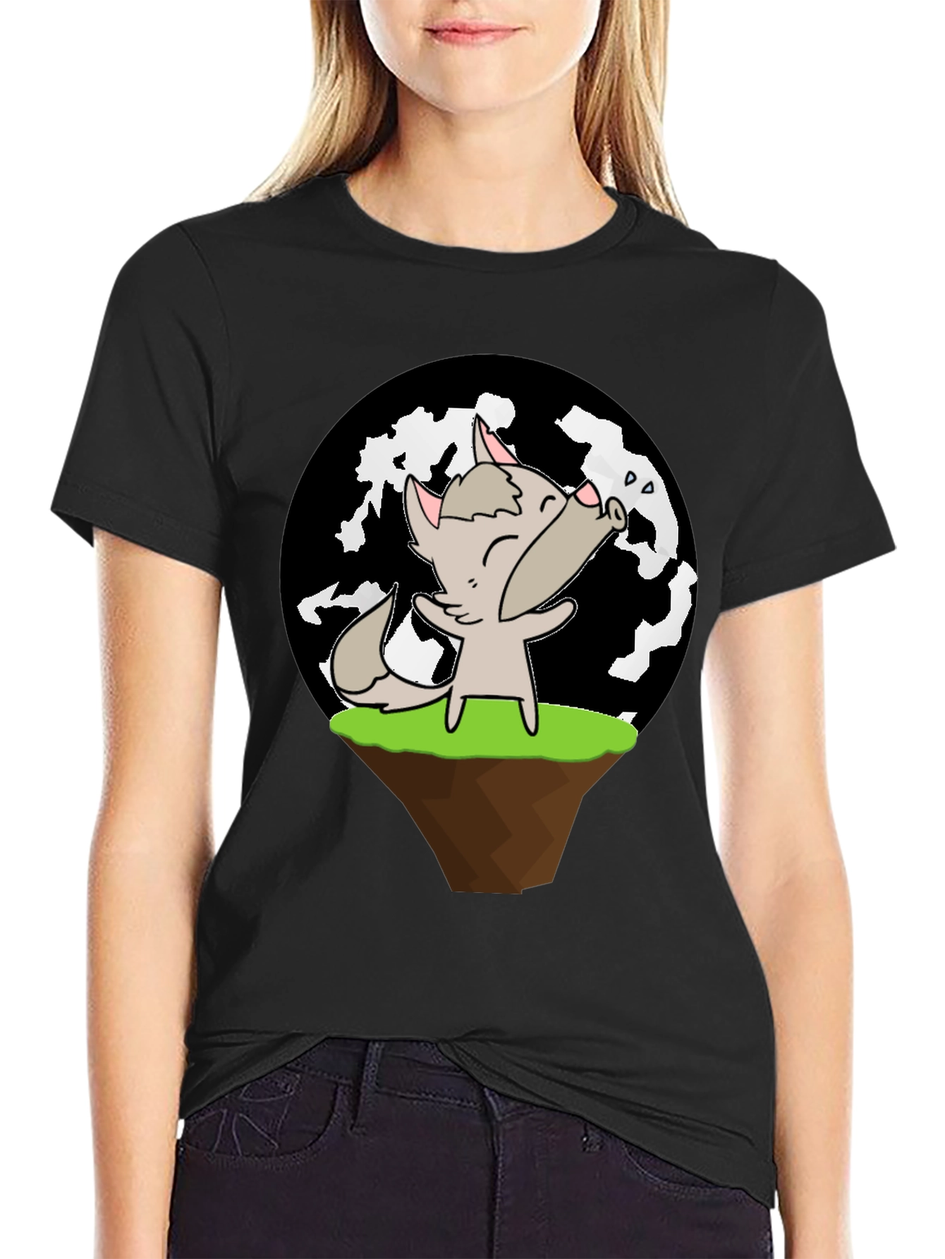 Cartoon Wolf Howling at Moon T-Shirt
