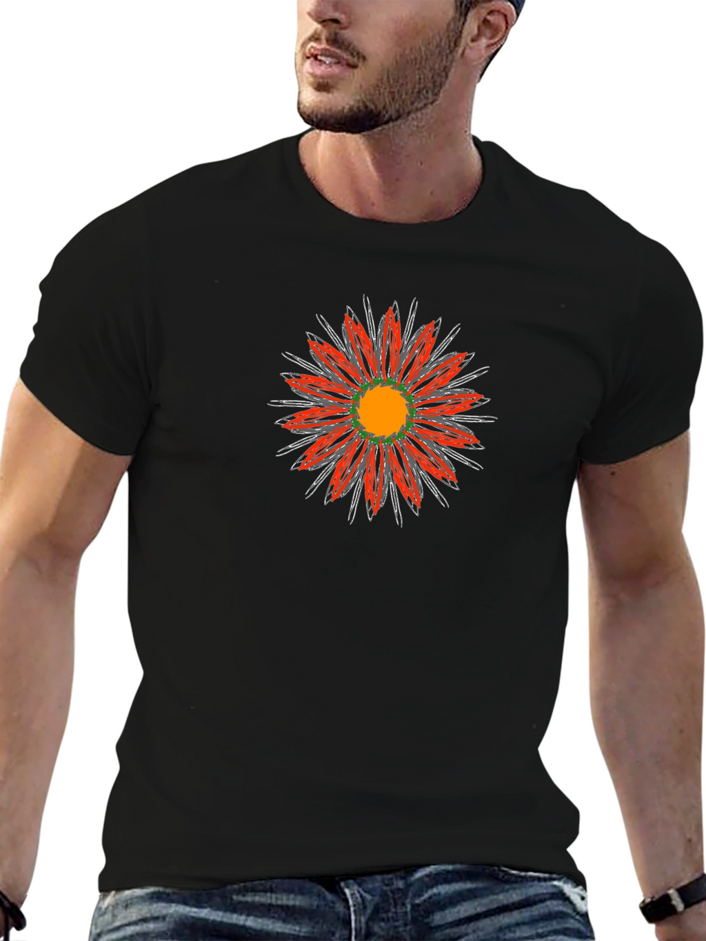 Black T-Shirt with Red Floral Graphic